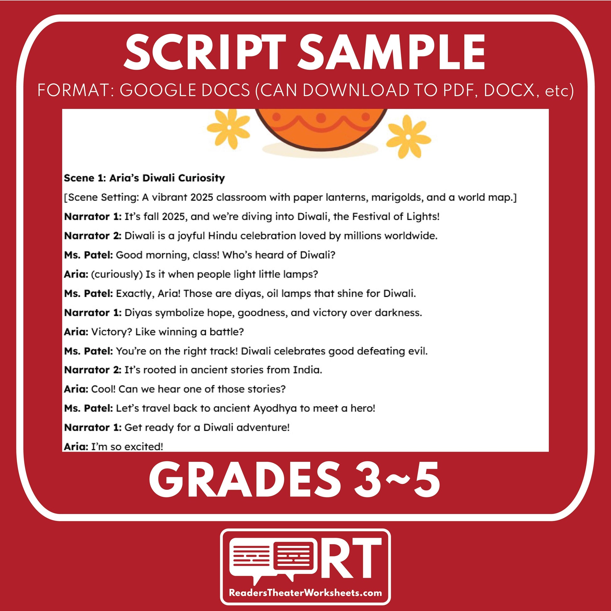 Diwali Hindu Holiday Readers Theater Script for Grades 3 to 5 - ["Grades 3-5","Holidays Around the World","Small Groups"]
