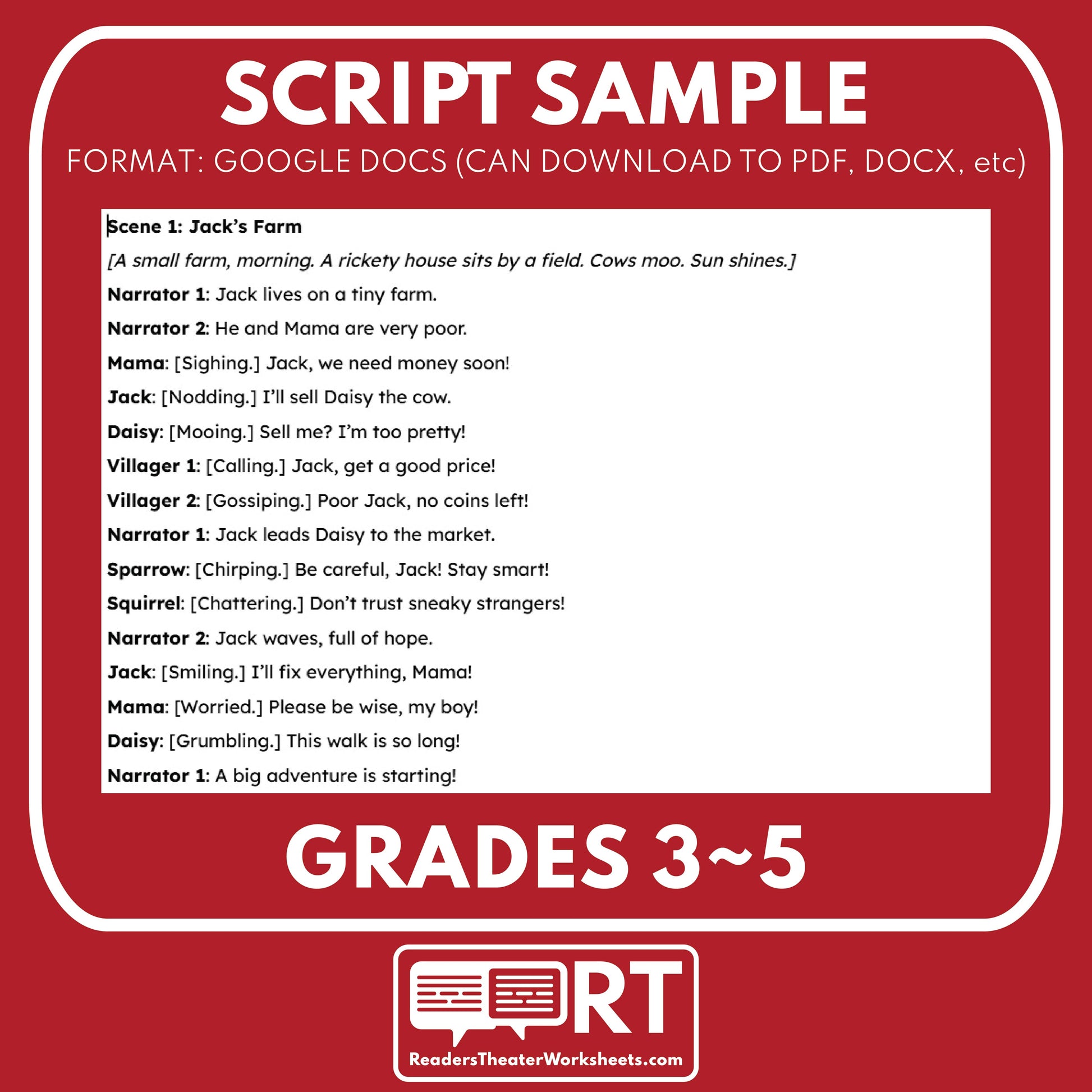 Jack Script Jack and the Beanstalk Readers Theater Script for Grades 3 to 5 ...