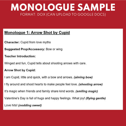 10 Valentines Monologues | 10 Short Scripts For Grades 1 to 3 | No Prep Activity PDF