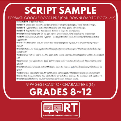 Hyperion & Theia Reader's Theater Script | Titan Gods | Greek Mythology - ["Grades 6-8","Grades 9-12","Greek Mythology","Greek Mythology for Google Classroom","Titan Gods"]