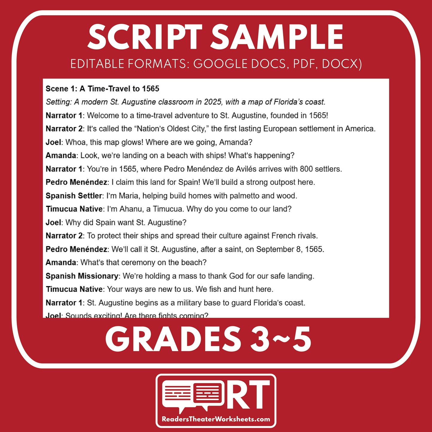Founding of St. Augustine Readers Theater Script | Grades 3-5 - ["100% FREE","Florida State History","Grades 3-5","Readers Theater"]