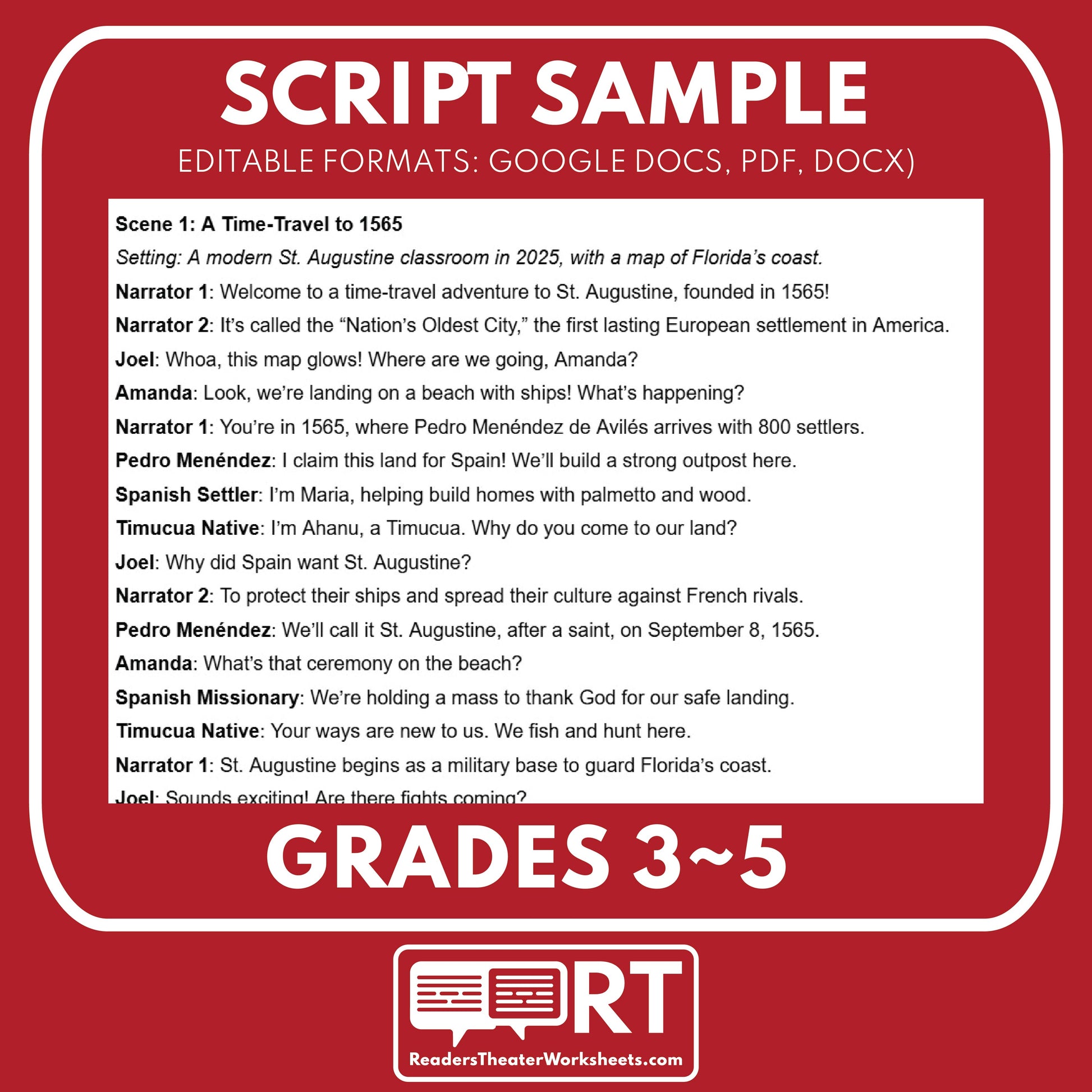 Founding of St. Augustine Readers Theater Script | Grades 3-5 - ["100% FREE","Florida State History","Grades 3-5","Readers Theater"]