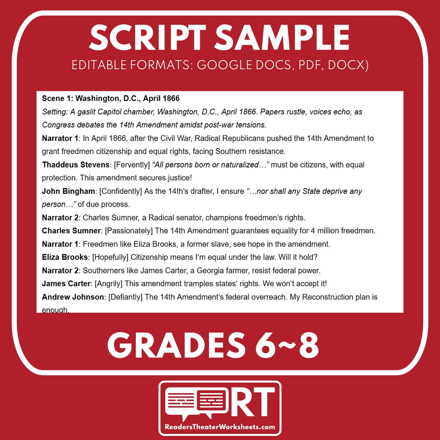 The 14th and 15th Amendments | Reconstruction Era History Readers Theater Grades 6-8 - ["Grades 6-8","U.S. History \u2013 Reconstruction Era"]