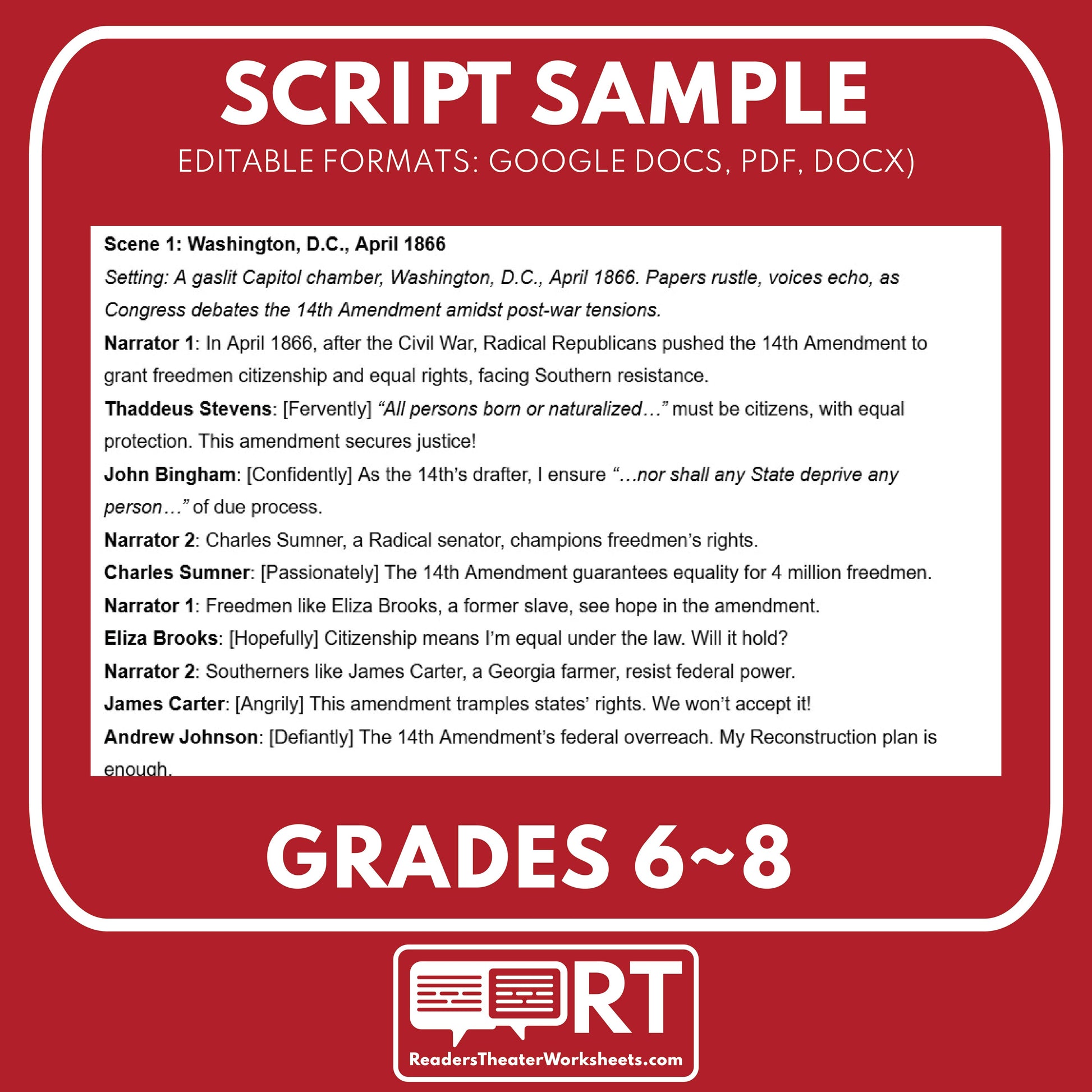 The 14th and 15th Amendments | Reconstruction Era History Readers Theater Grades 6-8 - ["Grades 6-8","U.S. History \u2013 Reconstruction Era"]