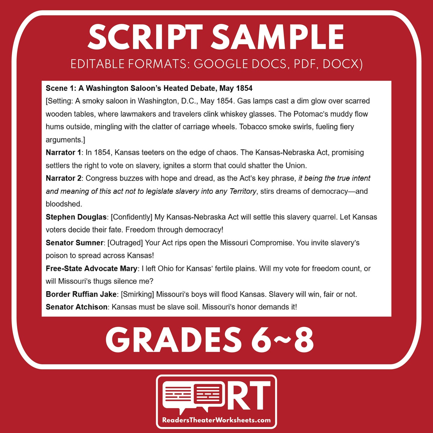 Bleeding Kansas Readers Theater Script | Grades 6‑8 - ["Grades 6-8","U.S. History - Westward Expansion (1801\u202f\u2013\u202f1861)"]