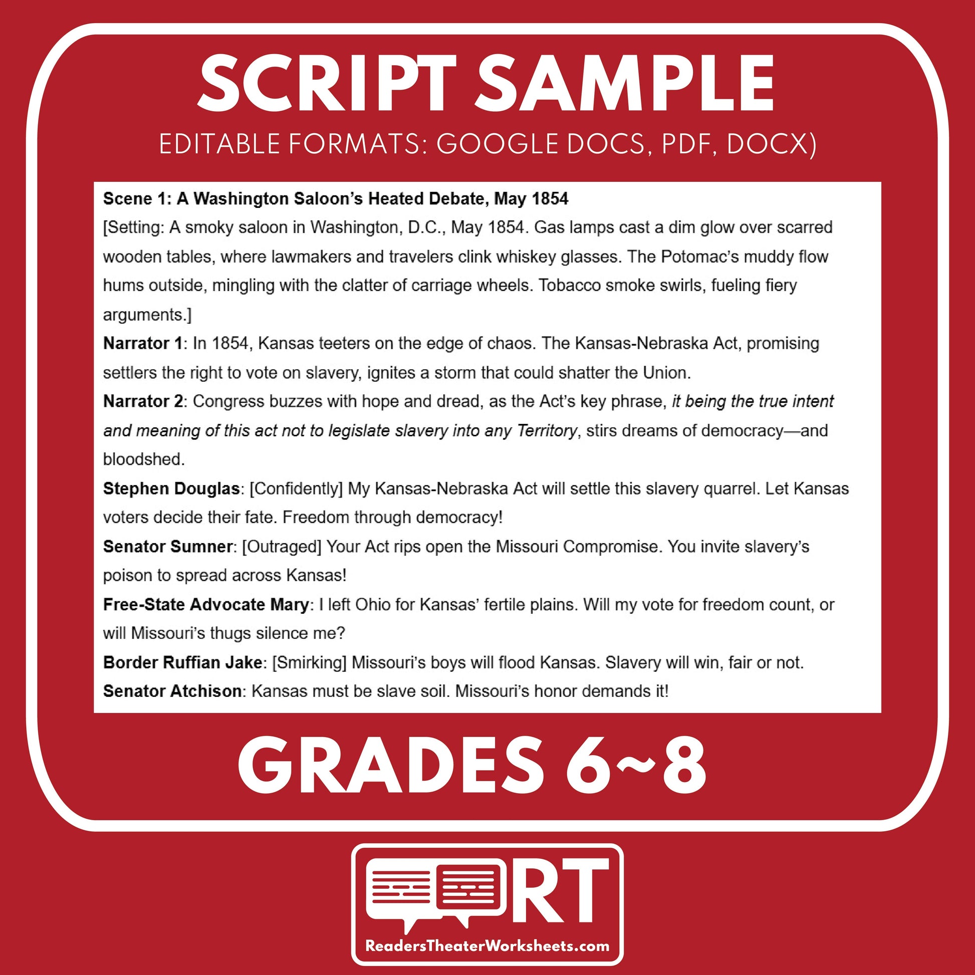 Bleeding Kansas Readers Theater Script | Grades 6‑8 - ["Grades 6-8","U.S. History - Westward Expansion (1801\u202f\u2013\u202f1861)"]