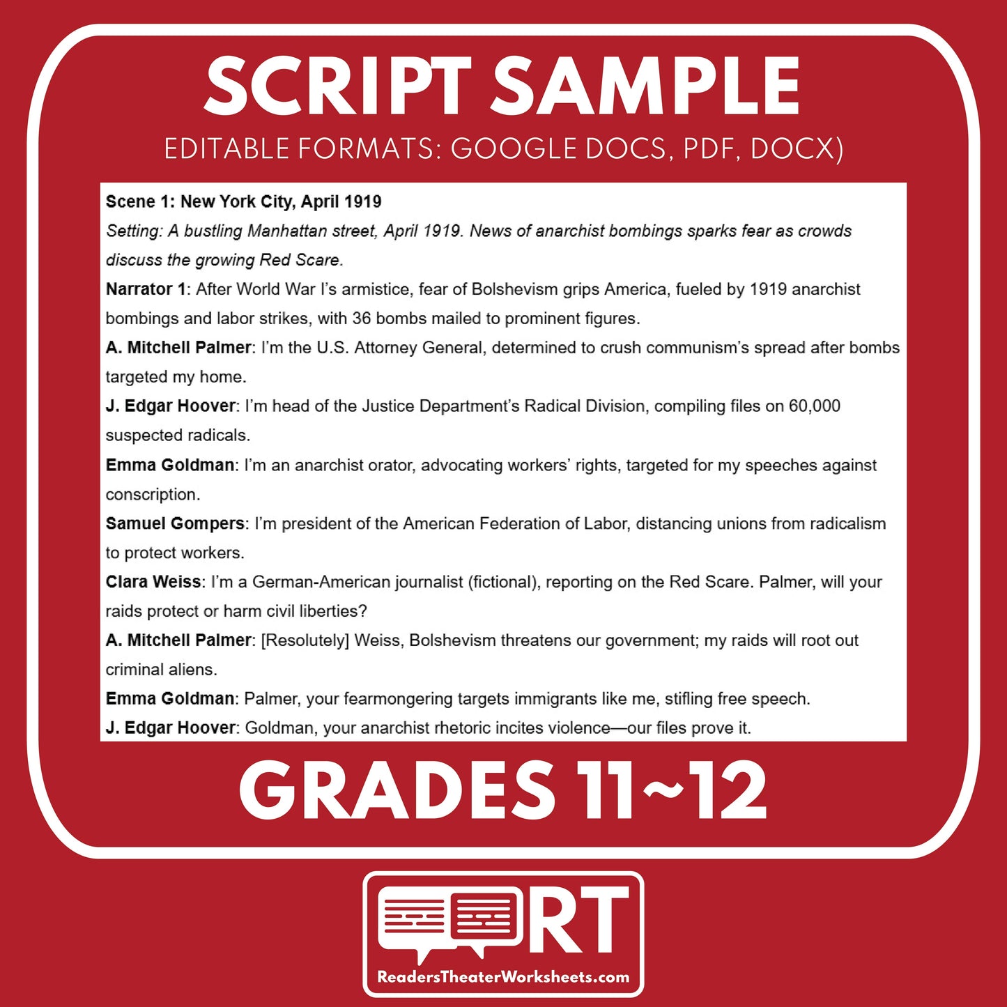Red Scare & Palmer Raids – Readers Theater Script (Grades 11-12) - ["Grades 9-12","U.S. History - WWI"]
