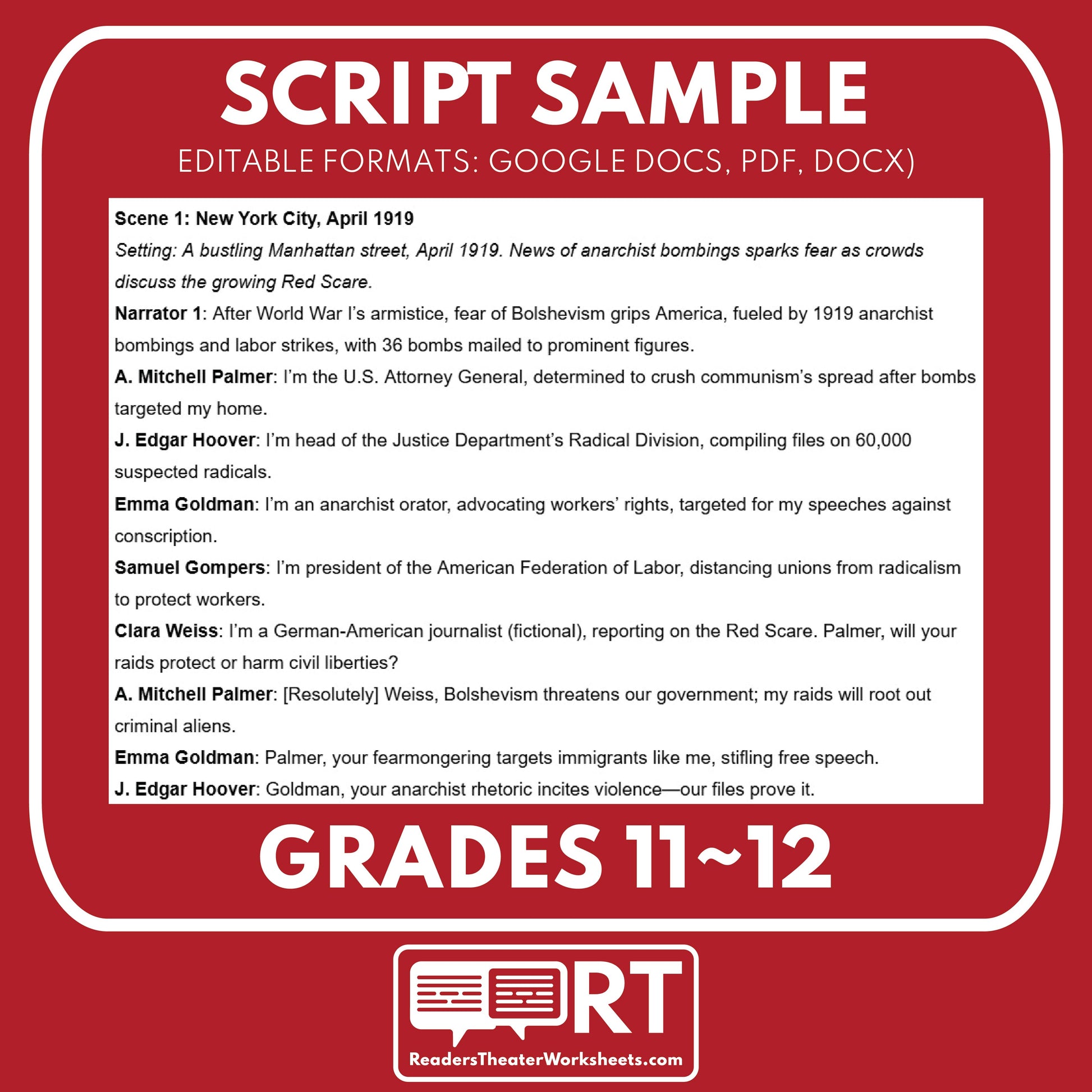 Red Scare & Palmer Raids – Readers Theater Script (Grades 11-12) - ["Grades 9-12","U.S. History - WWI"]