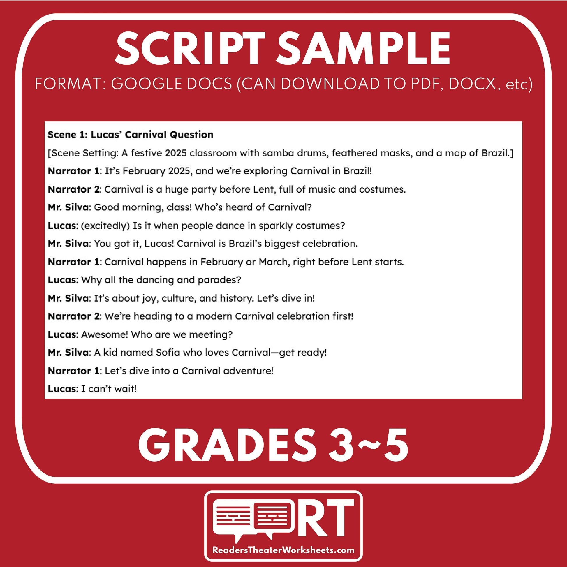 Carnival in Brazil | Holiday Readers Theater Script for Grades 3 to 5 - ["Grades 3-5","Holidays Around the World","Small Groups"]