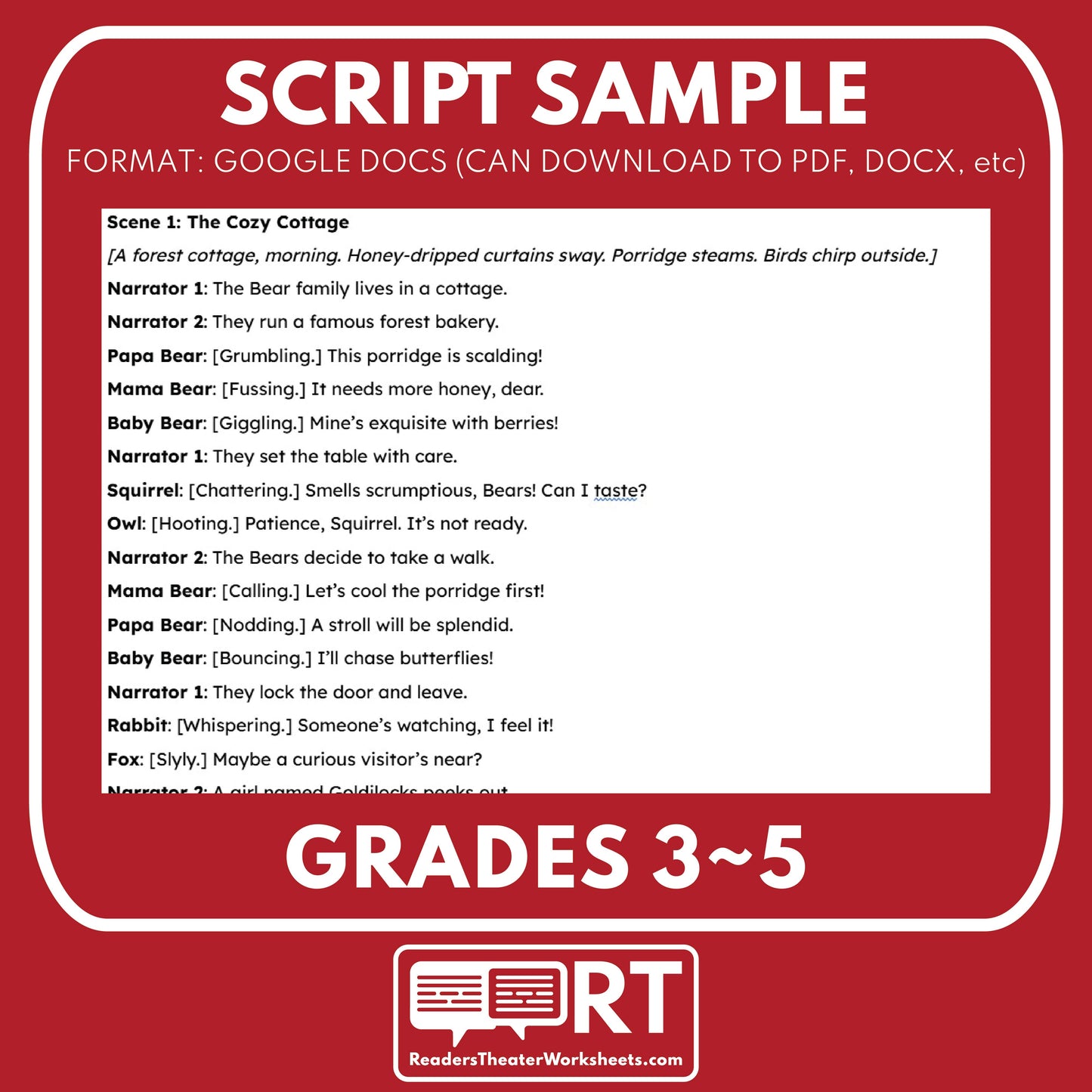 Goldilocks and the Three Bears Readers Theater Script for Grades 3 to 5 - ["Fairy Tale","Grades 3-5"]