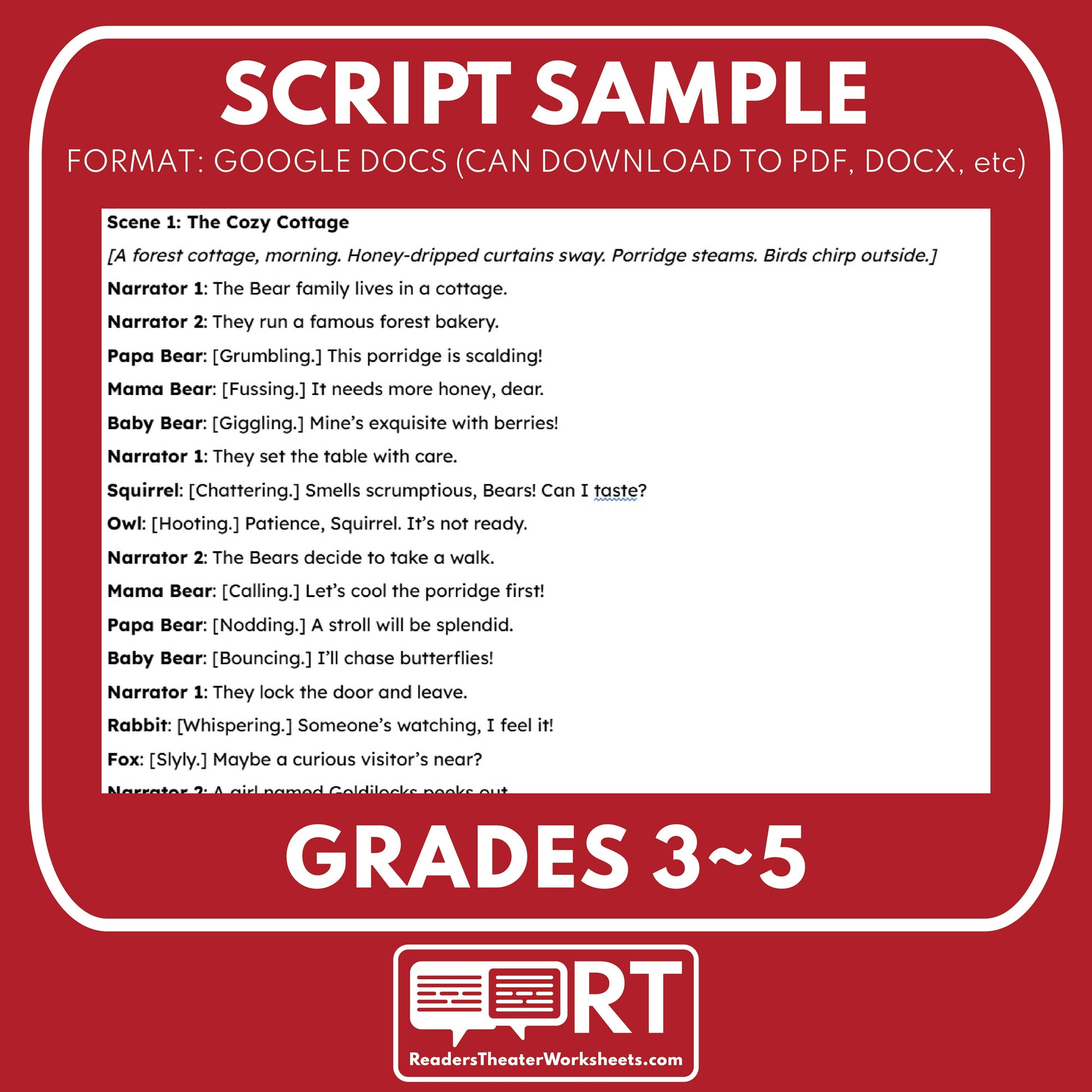 Goldilocks and the Three Bears Readers Theater Script for Grades 3 to 5 - ["Fairy Tale","Grades 3-5"]