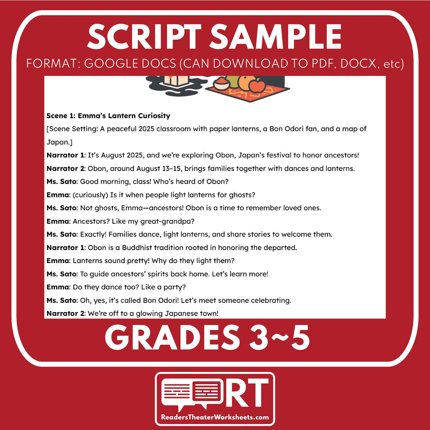 Obon Festival in Japan | Holiday Readers Theater Script for Grades 3 to 5 - ["Grades 3-5","Holidays Around the World","Small Groups"]