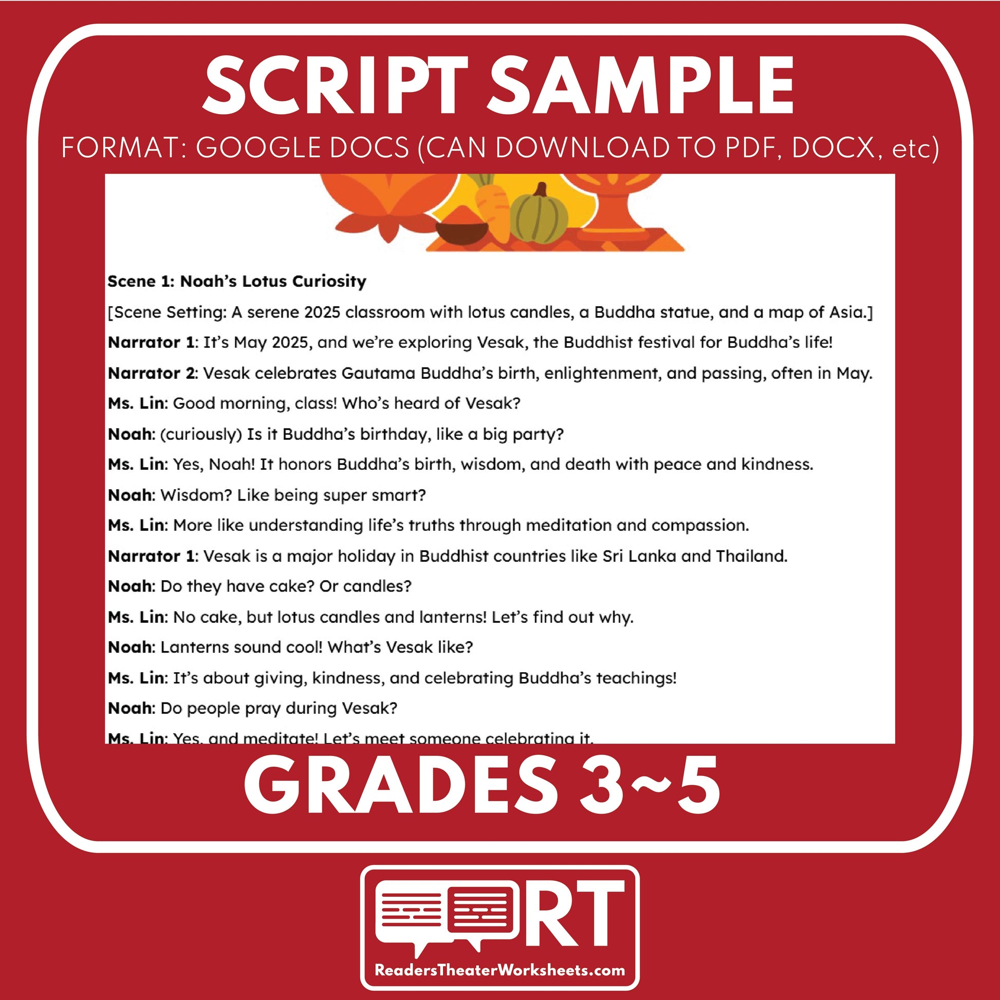 Vesak - Buddha’s Birthday | Holiday Readers Theater Script for Grades 3 to 5 - ["Grades 3-5","Holidays Around the World","Small Groups"]