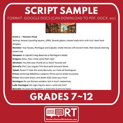 Free Romeo and Juliet Readers Theater Script | Classical Dramas | Shakespeare - ["100% FREE","Classical Drama Series","Grades 6-8","Grades 9-12","Self-Graded Quiz"]