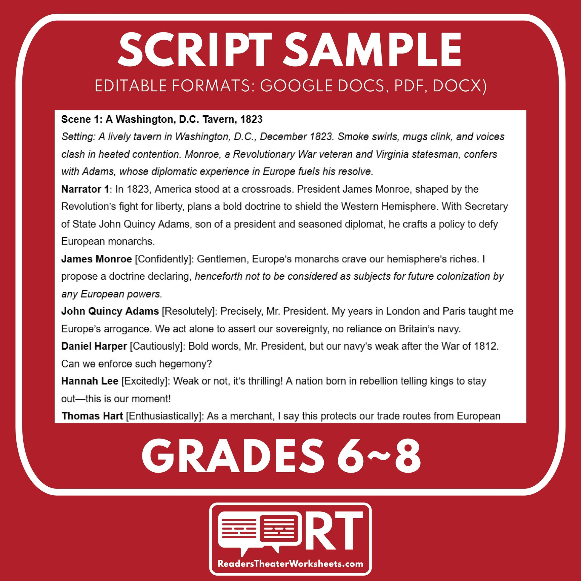 The Monroe Doctrine Readers Theater Script | Grades 6-8 U.S. History - ["Grades 6-8","U.S. History - Westward Expansion (1801\u202f\u2013\u202f1861)"]