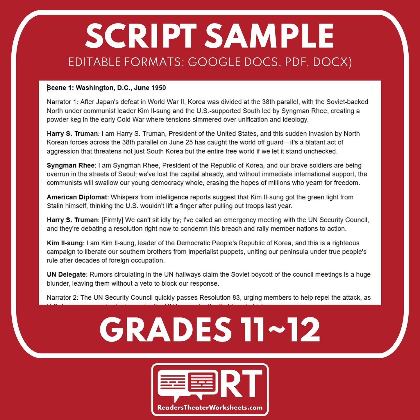 The Korean War (1950–1953) Readers Theater Script (Grades 11-12) - ["100% FREE","Grades 9-12","U.S. History - Cold War & Civil Rights"]