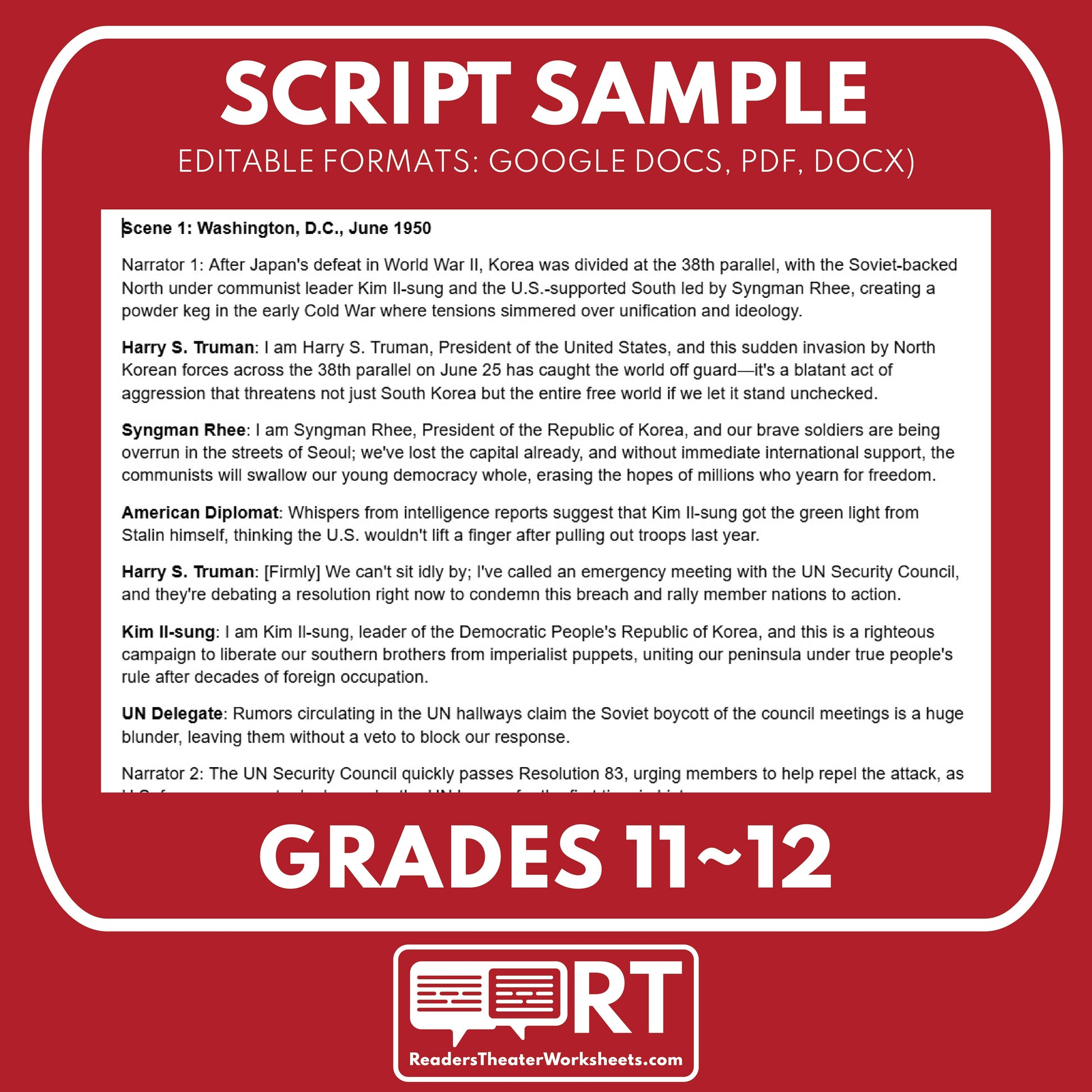 The Korean War (1950–1953) Readers Theater Script (Grades 11-12) - ["100% FREE","Grades 9-12","U.S. History - Cold War & Civil Rights"]