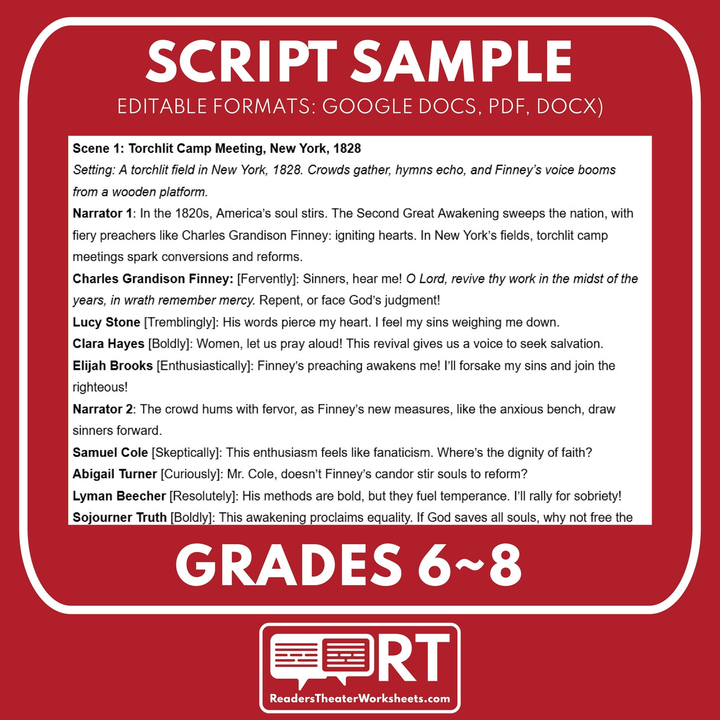 Second Great Awakening Readers Theater Script | Grades 6‑8 - ["Grades 6-8","U.S. History - Westward Expansion (1801\u202f\u2013\u202f1861)"]