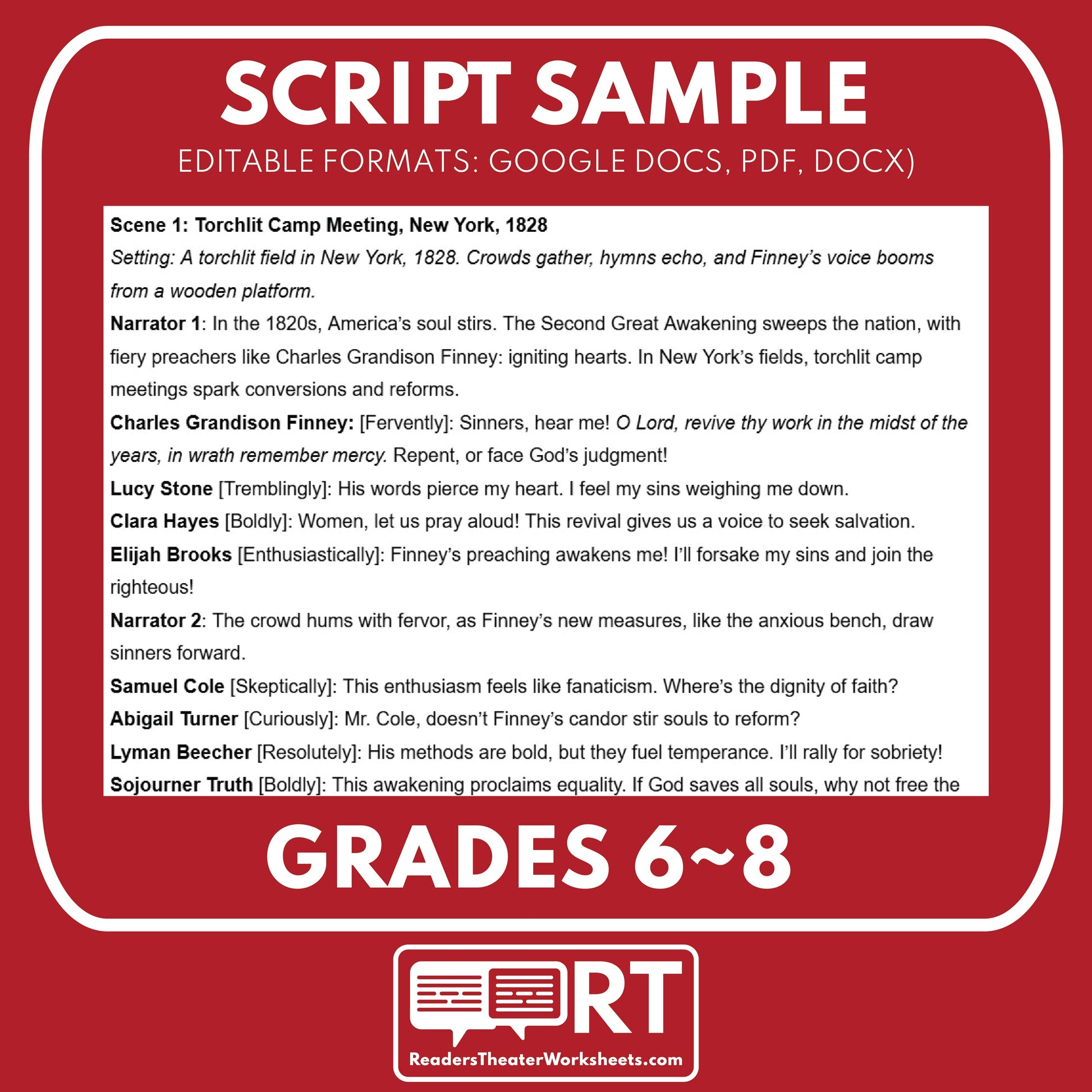 Second Great Awakening Readers Theater Script | Grades 6‑8 - ["Grades 6-8","U.S. History - Westward Expansion (1801\u202f\u2013\u202f1861)"]