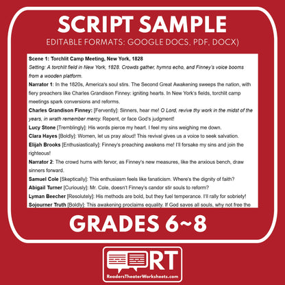 Second Great Awakening Readers Theater Script | Grades 6‑8 - ["Grades 6-8","U.S. History - Westward Expansion (1801\u202f\u2013\u202f1861)"]