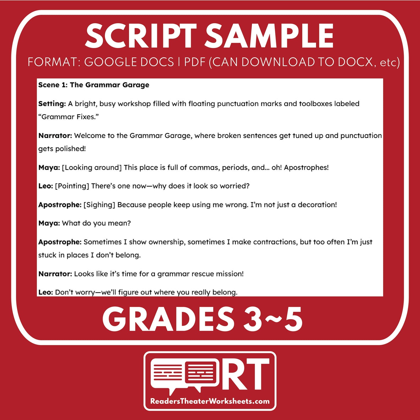 The Apostrophe’s Dilemma | ELA RT Script | Grades 3–5 | Possessives | Plurals - ["Grades 3-5","Phonics"]