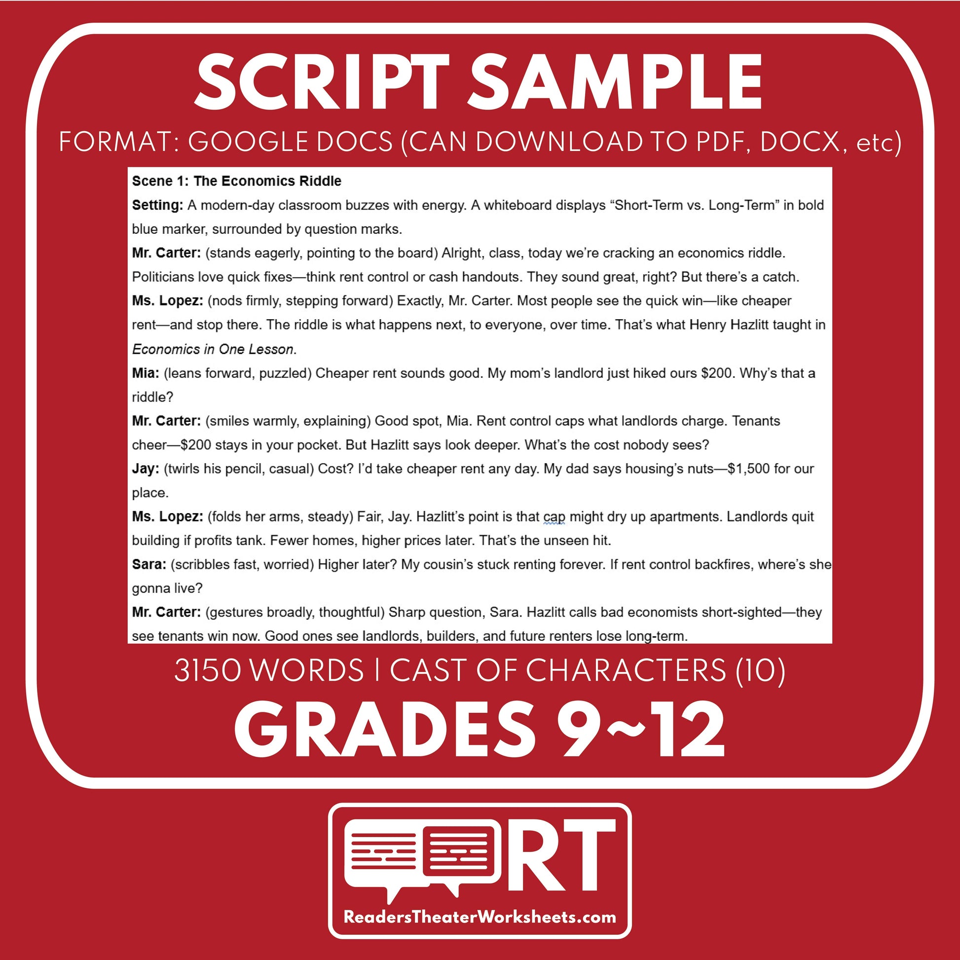 Economics in One Lesson (Hazlitt) Reader's Theater Script | High Schoo ...