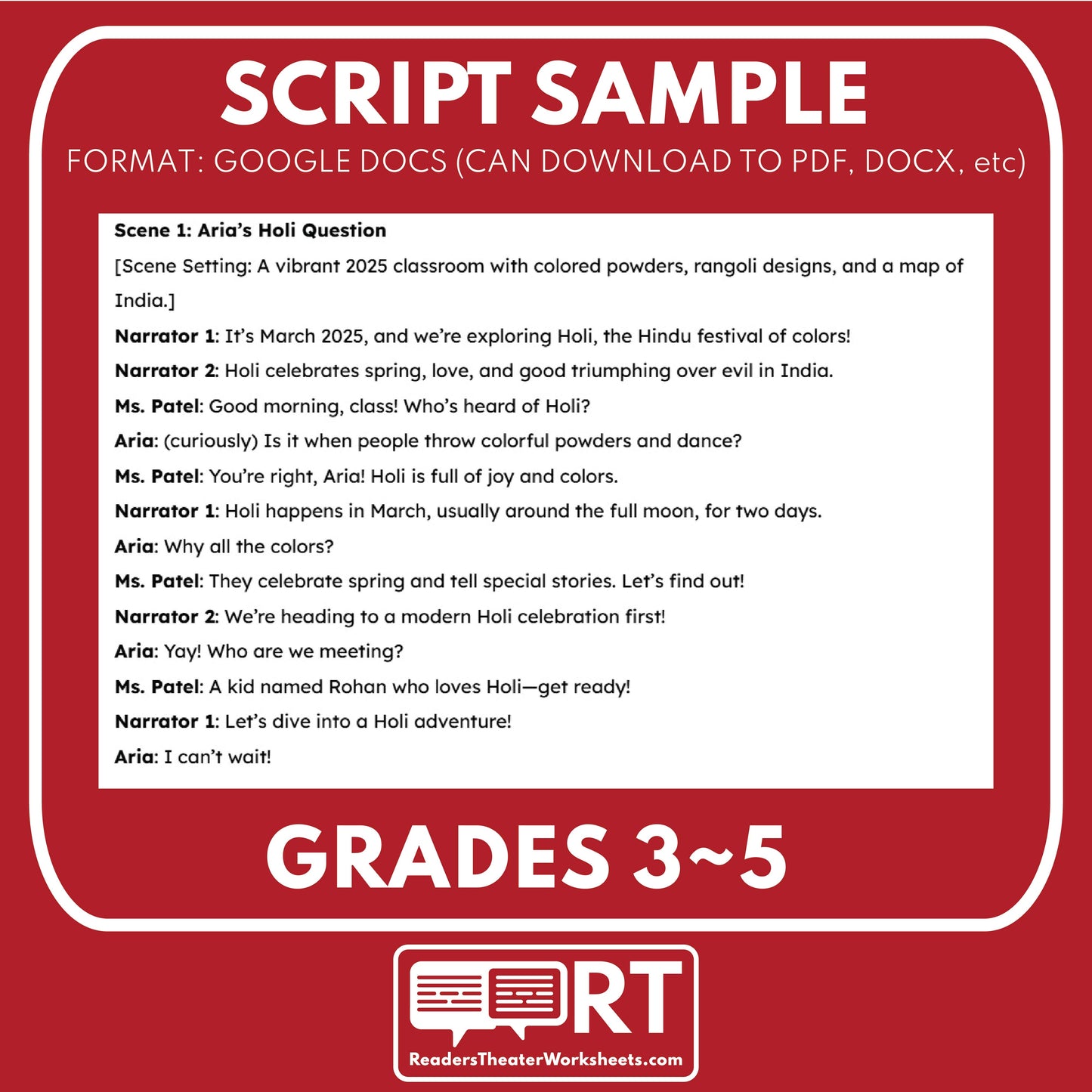 Holi Hindu Color Festival | Holiday Readers Theater Script for Grades 3 to 5 - ["Grades 3-5","Holidays Around the World","Small Groups"]
