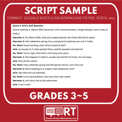 Holi Hindu Color Festival | Holiday Readers Theater Script for Grades 3 to 5 - ["Grades 3-5","Holidays Around the World","Small Groups"]