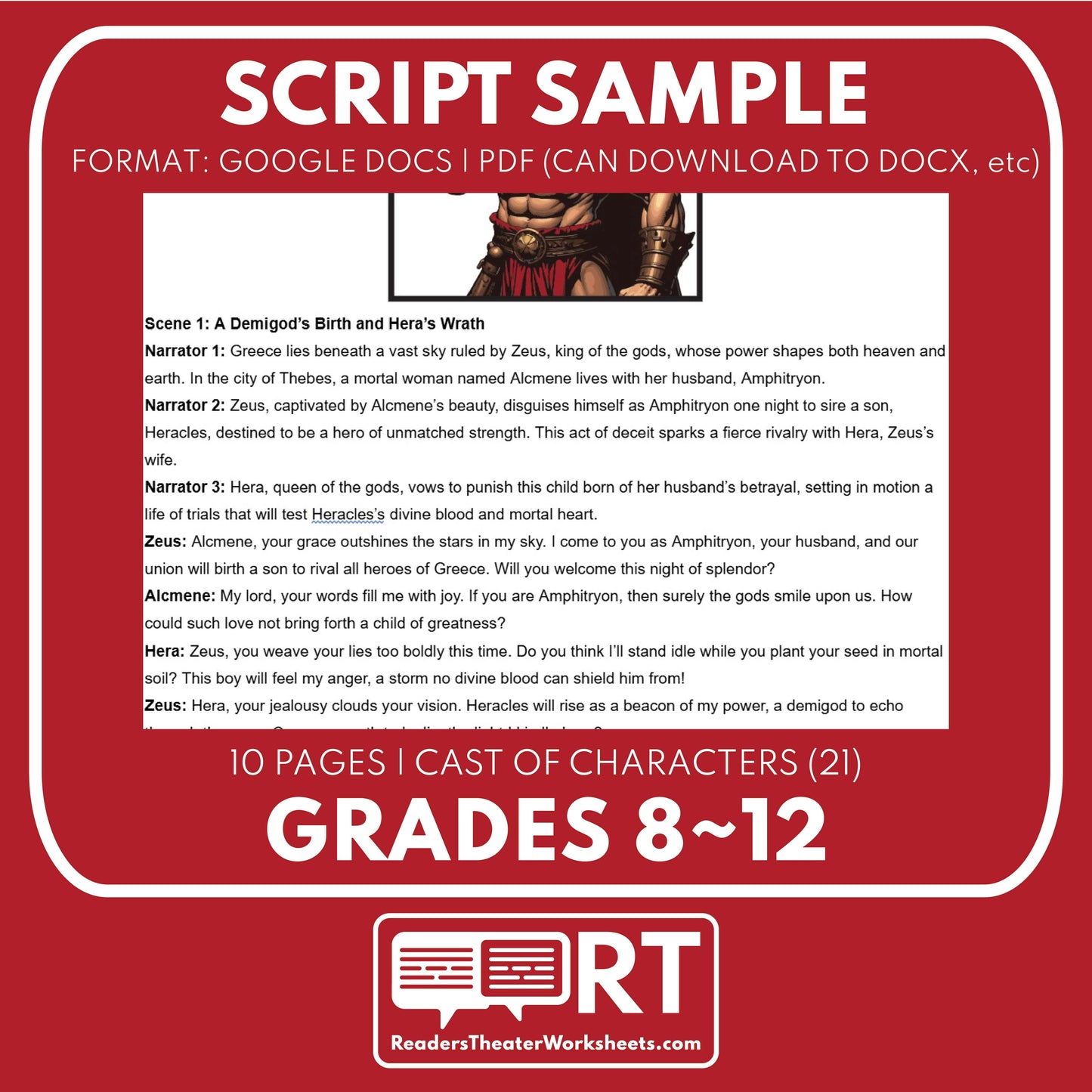 Heracles (Hercules) Reader's Theater Script | Demigods | Greek Mythology - ["Grades 6-8","Grades 9-12","Greek Demigods","Greek Mythology","Greek Mythology for Google Classroom"]