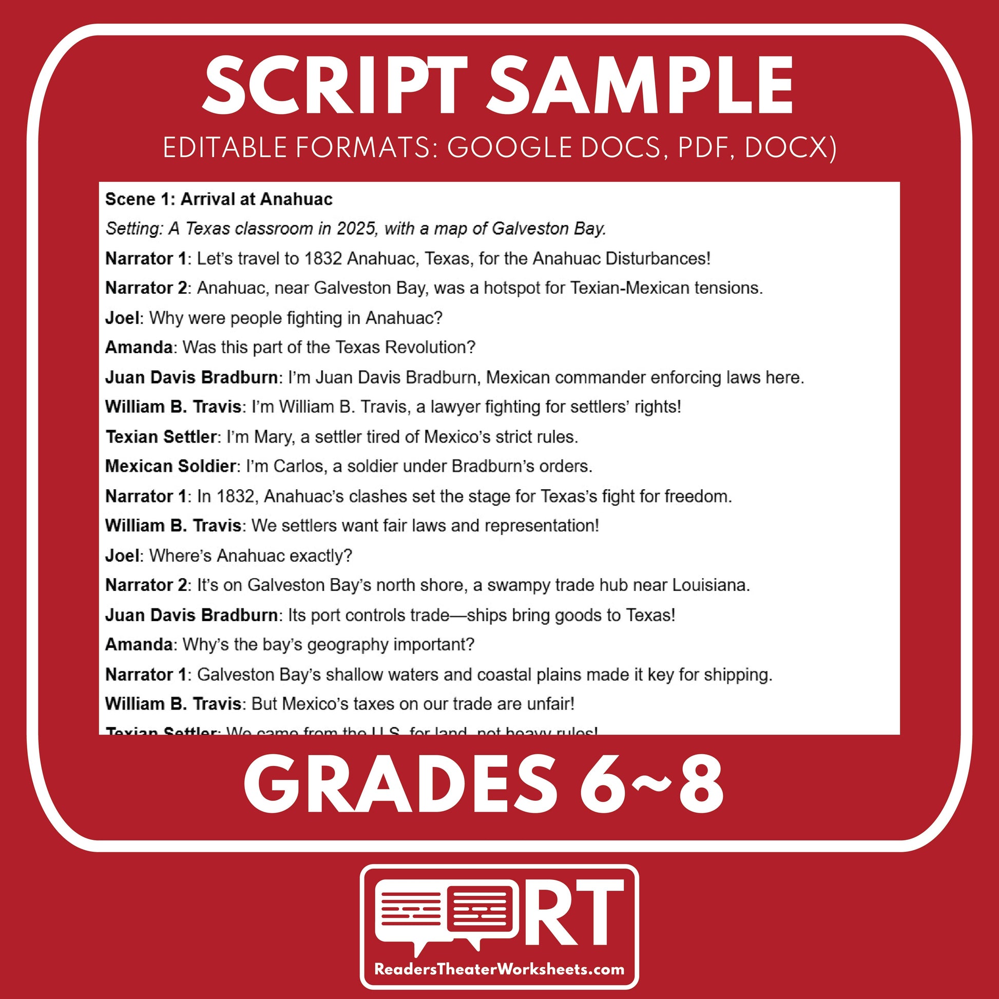 Anahuac Disturbances Readers Theater Script | Grades 6-8 - ["Grades 6-8","Readers Theater","Texas State History"]