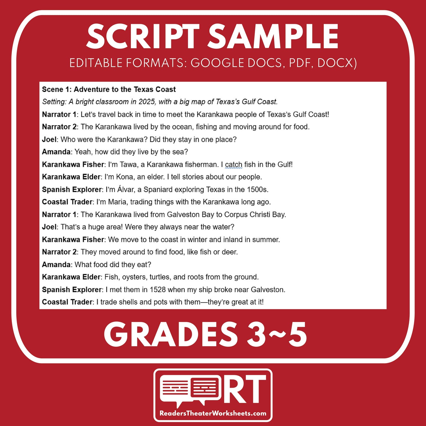 Karankawa People of the Gulf Coast Readers Theater Script | Grades 3-5 - ["100% FREE","Grades 3-5","Readers Theater","Texas State History"]