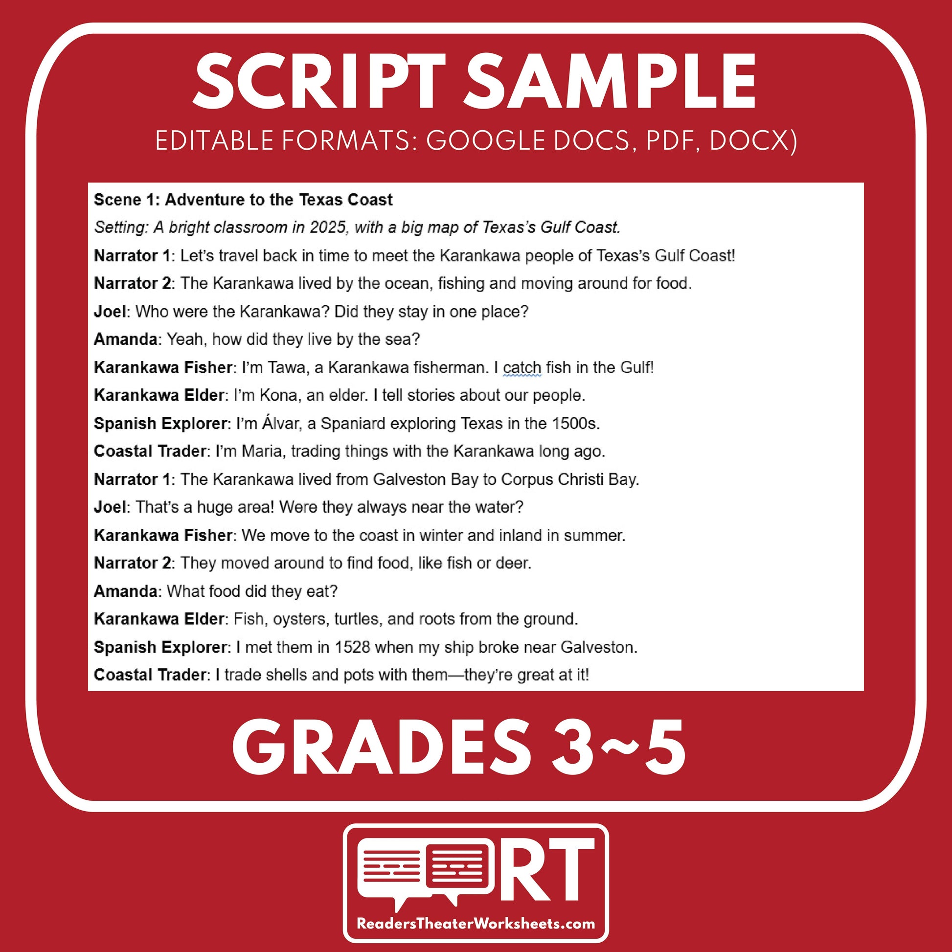 Karankawa People of the Gulf Coast Readers Theater Script | Grades 3-5 - ["100% FREE","Grades 3-5","Readers Theater","Texas State History"]