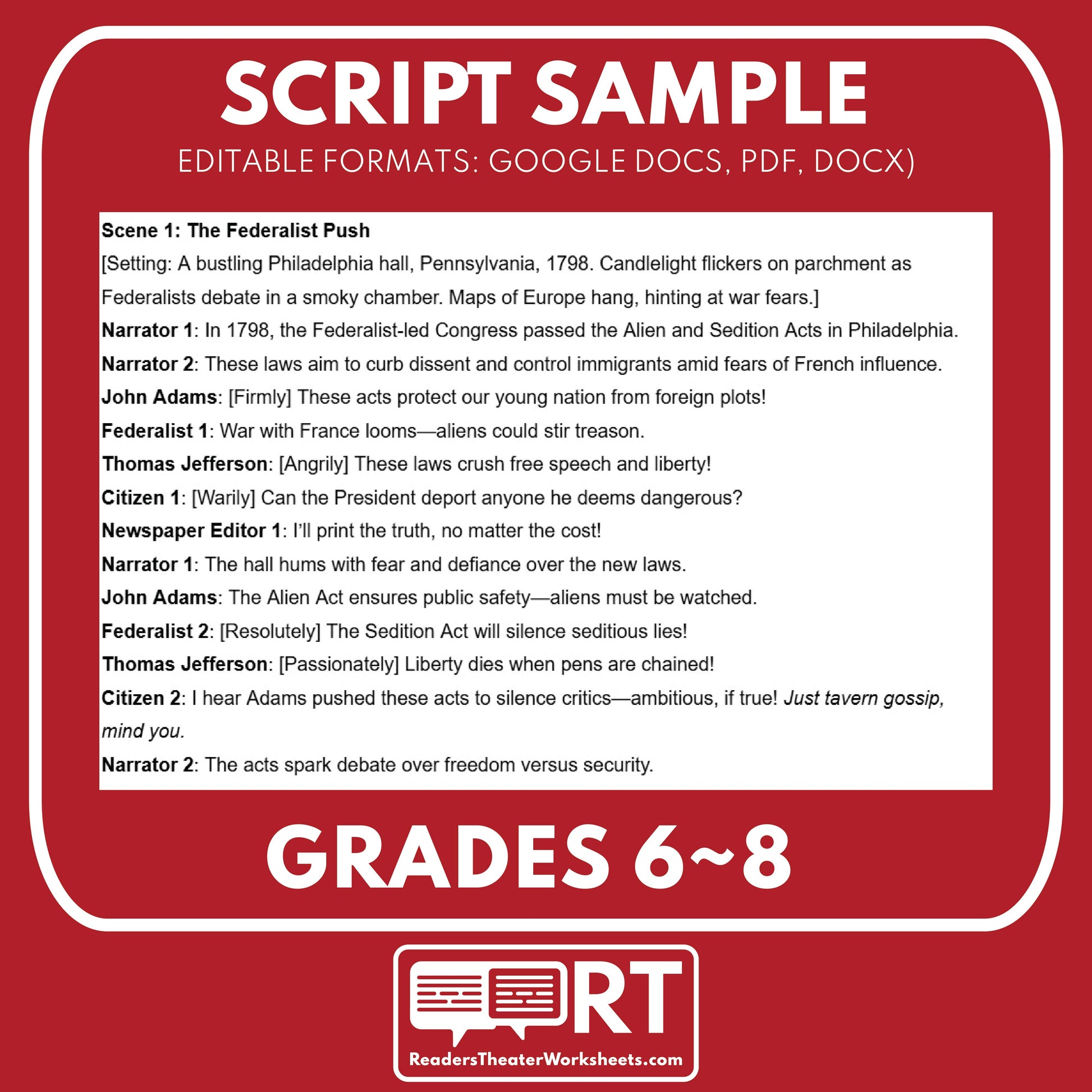 Alien & Sedition Acts Readers Theater Script | Grades 6-8 - ["Grades 6-8","U.S. History - Colonial America"]