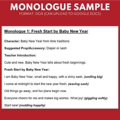 10 New Year's Day Monologues | 10 Short Scripts For Grades 1 to 3 | No Prep Activity PDF