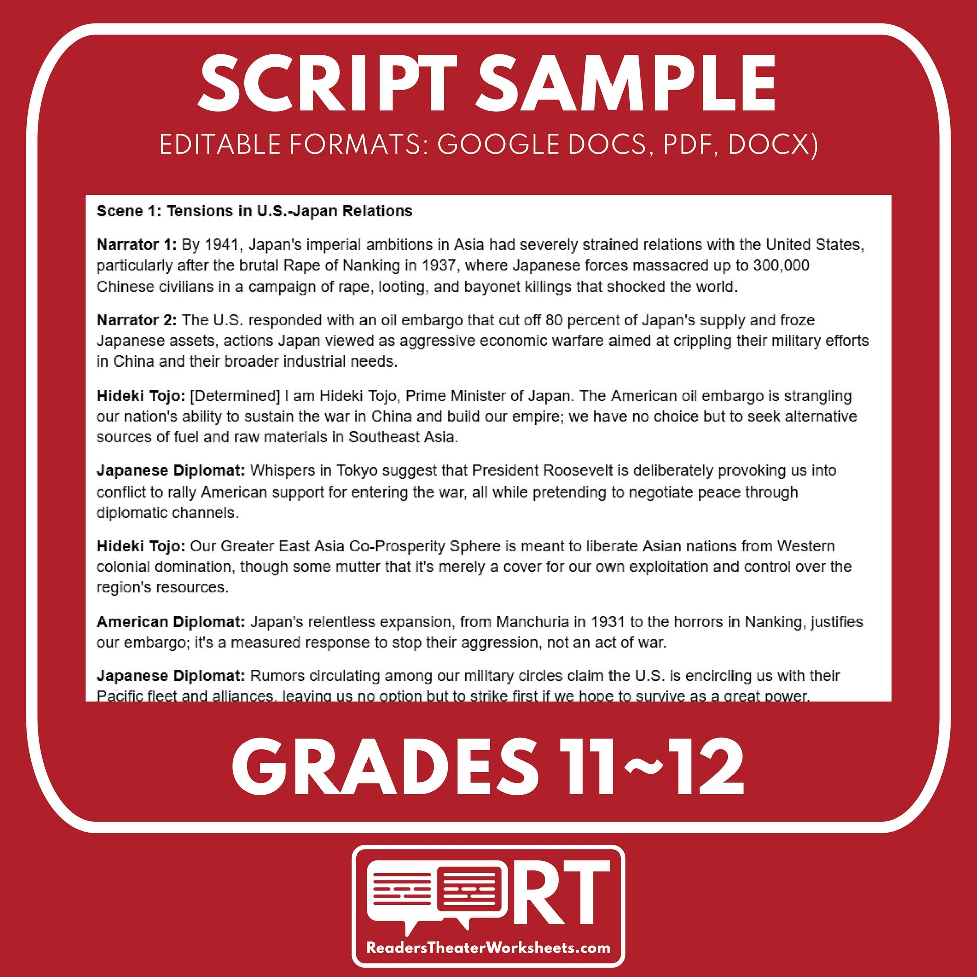 Pearl Harbor & U.S. Enters World War II Readers Theater Script (Grades 11-12) - ["Grades 9-12","U.S. History - WWII"]