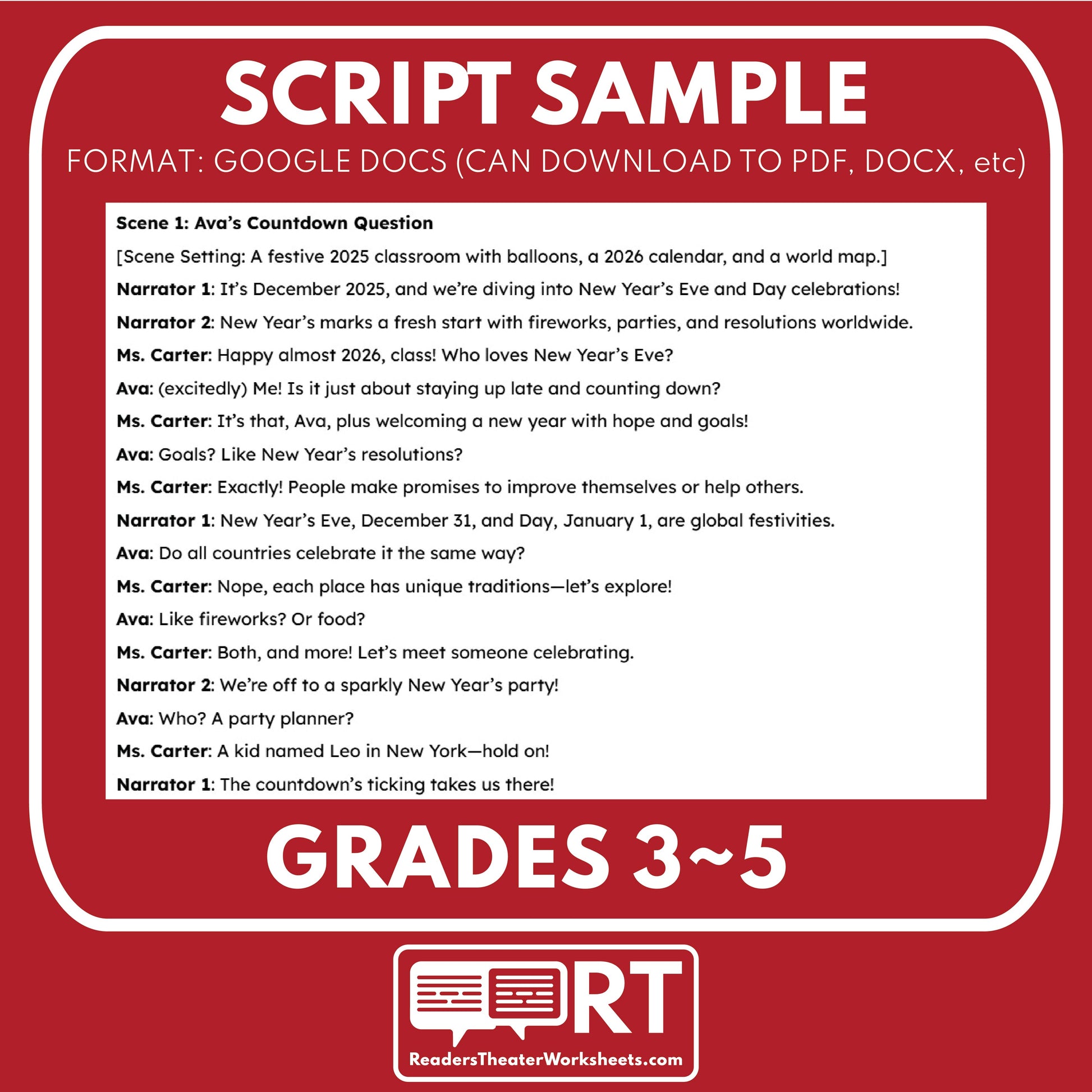 New Year’s Day | Holiday Readers Theater Script for Grades 3 to 5 | Resolutions - ["Grades 3-5","Small Groups","Winter Holidays"]