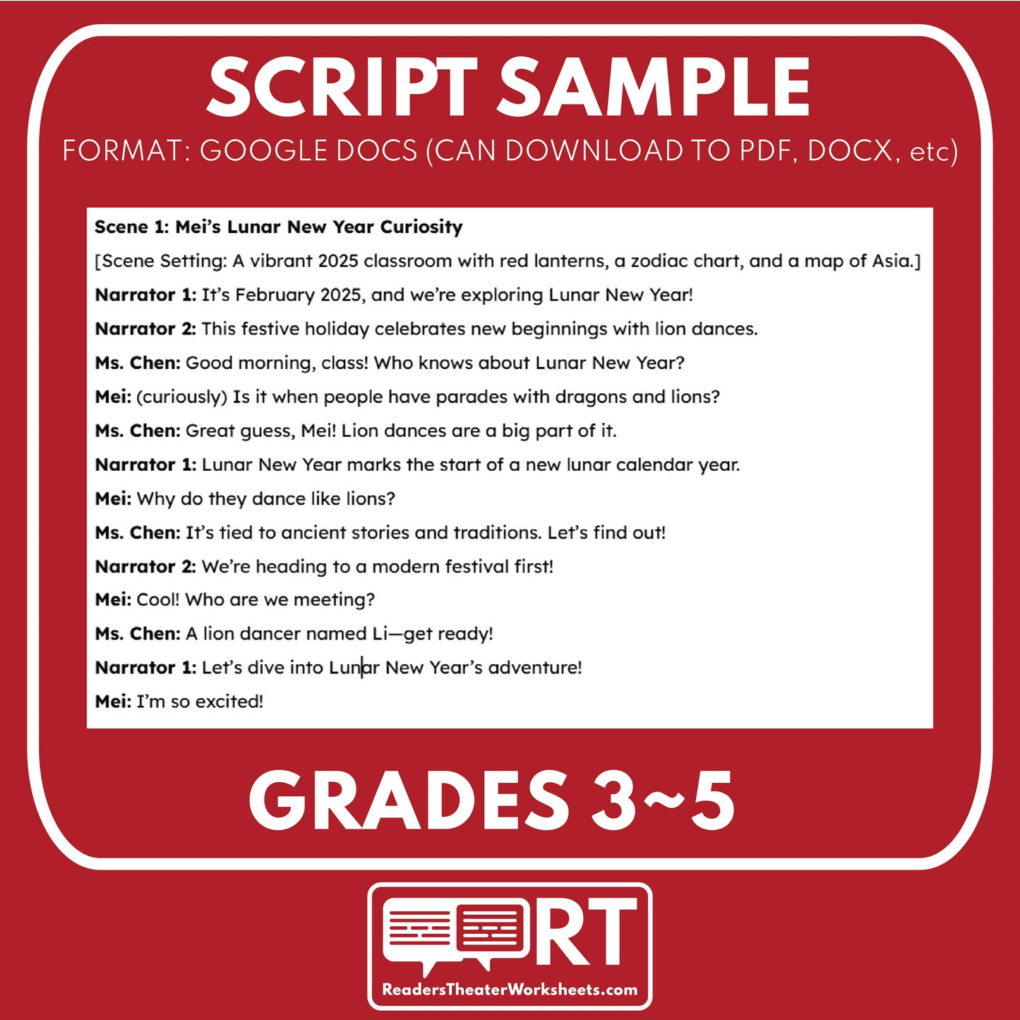 Lunar New Year Holiday Readers Theater Script for Grades 3 to 5 - ["Grades 3-5","Holidays Around the World","Small Groups"]