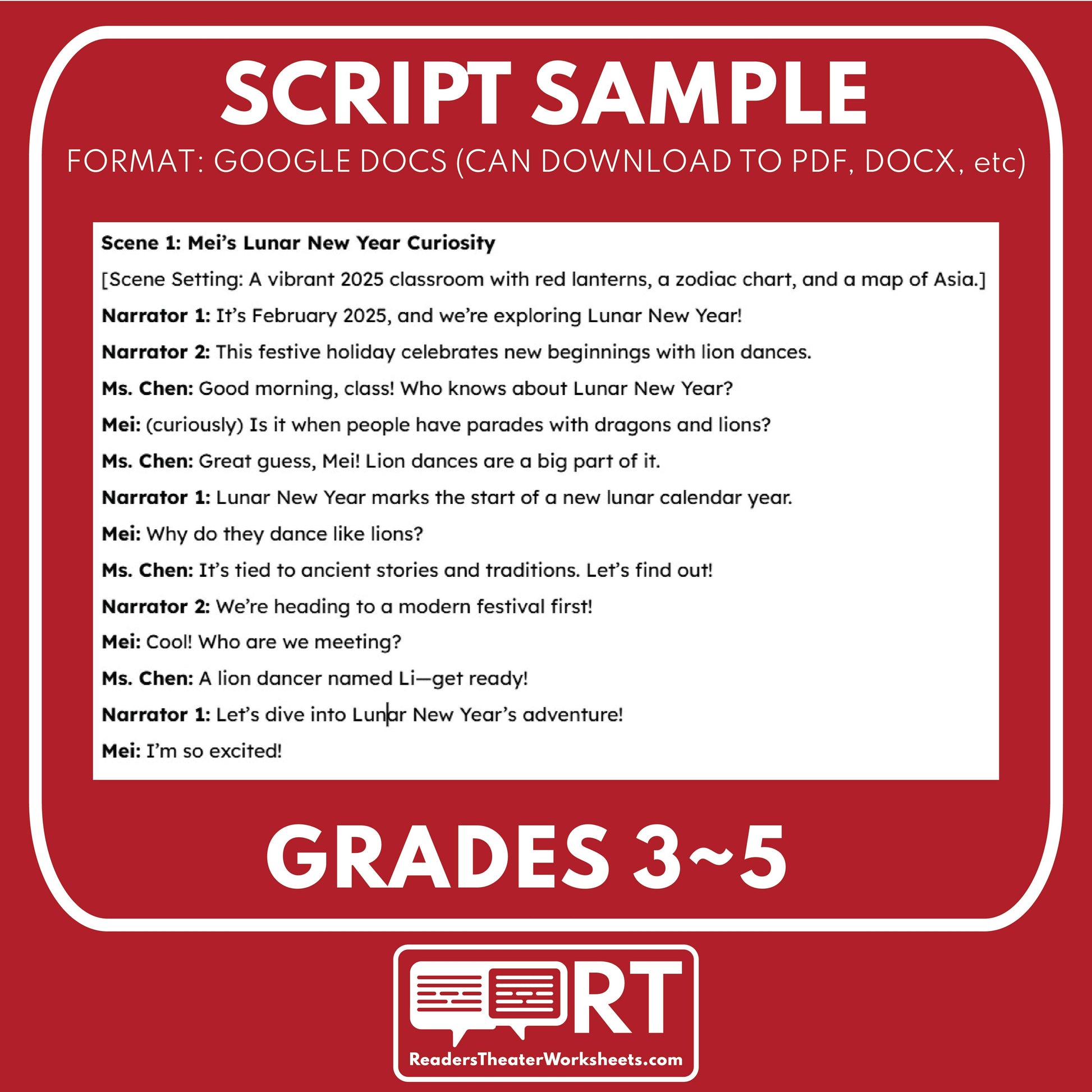 Lunar New Year Holiday Readers Theater Script for Grades 3 to 5 - ["Grades 3-5","Holidays Around the World","Small Groups"]