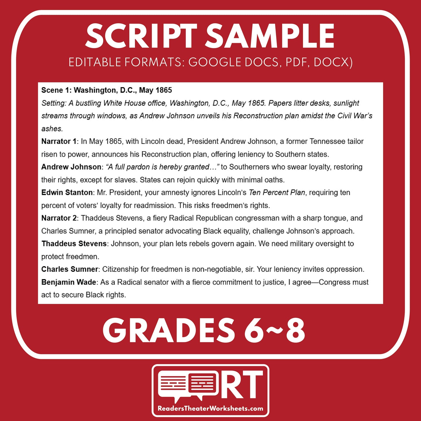 Presidential vs. Radical Reconstruction | Reconstruction Era History Readers Theater Grades 6-8 - ["Grades 6-8","U.S. History \u2013 Reconstruction Era"]
