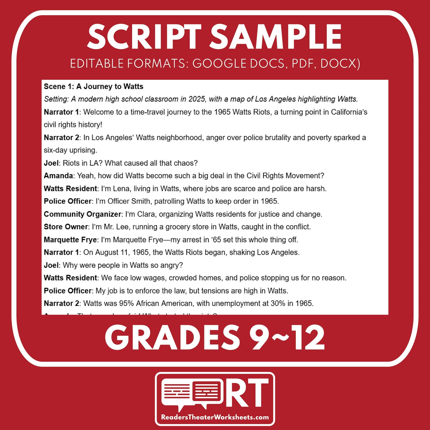 Watts Riots 1965 Readers Theater Script | Grades 9-12 - ["CA State History","Grades 9-12","Readers Theater"]