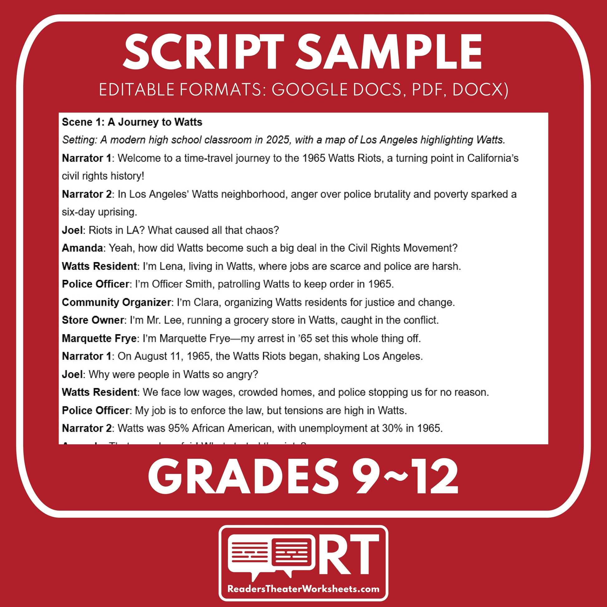 Watts Riots 1965 Readers Theater Script | Grades 9-12 - ["CA State History","Grades 9-12","Readers Theater"]