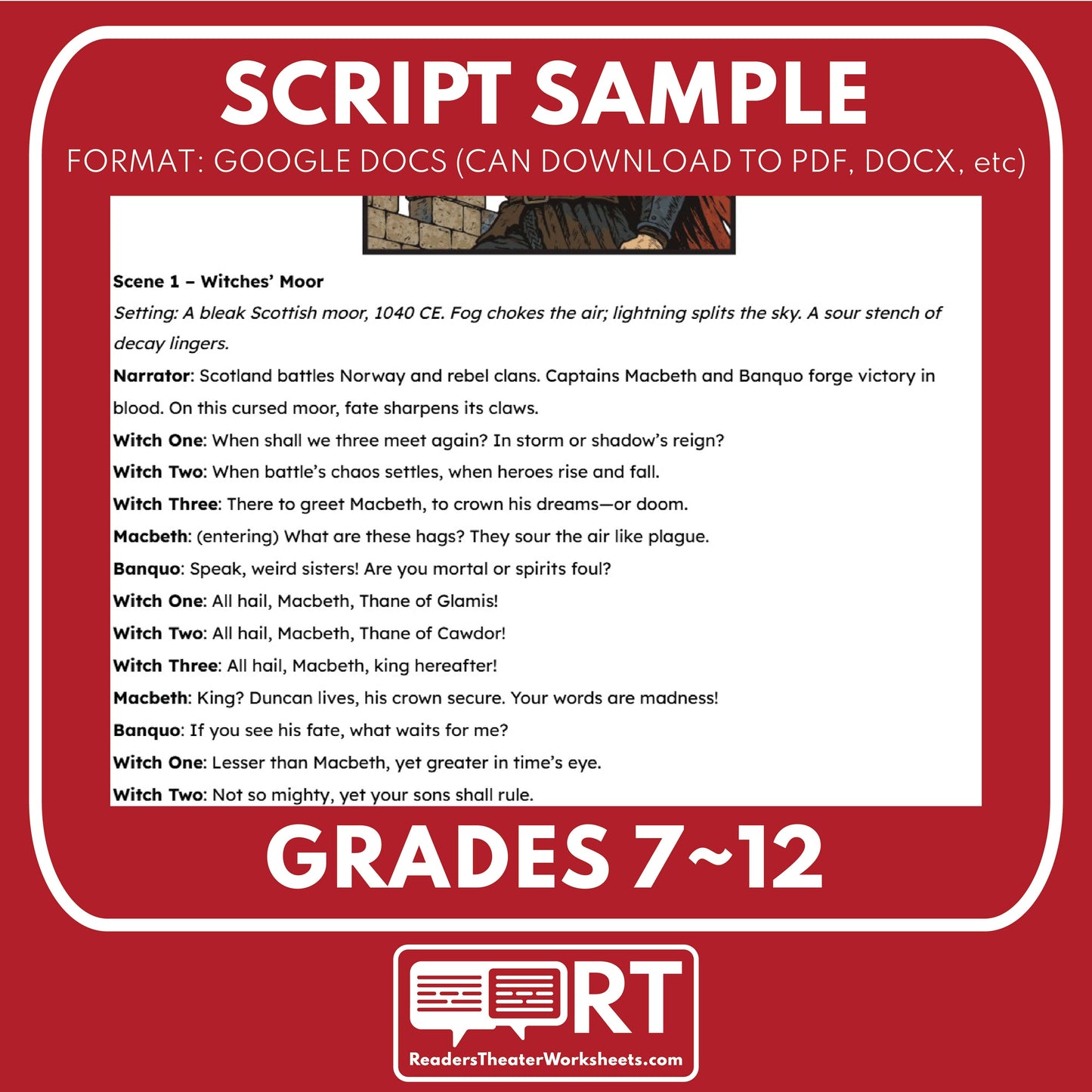 Macbeth "Midnight at Dunsinane" Readers Theater Script - ["Classical Drama Series","Grades 6-8","Grades 9-12","Self-Graded Quiz"]