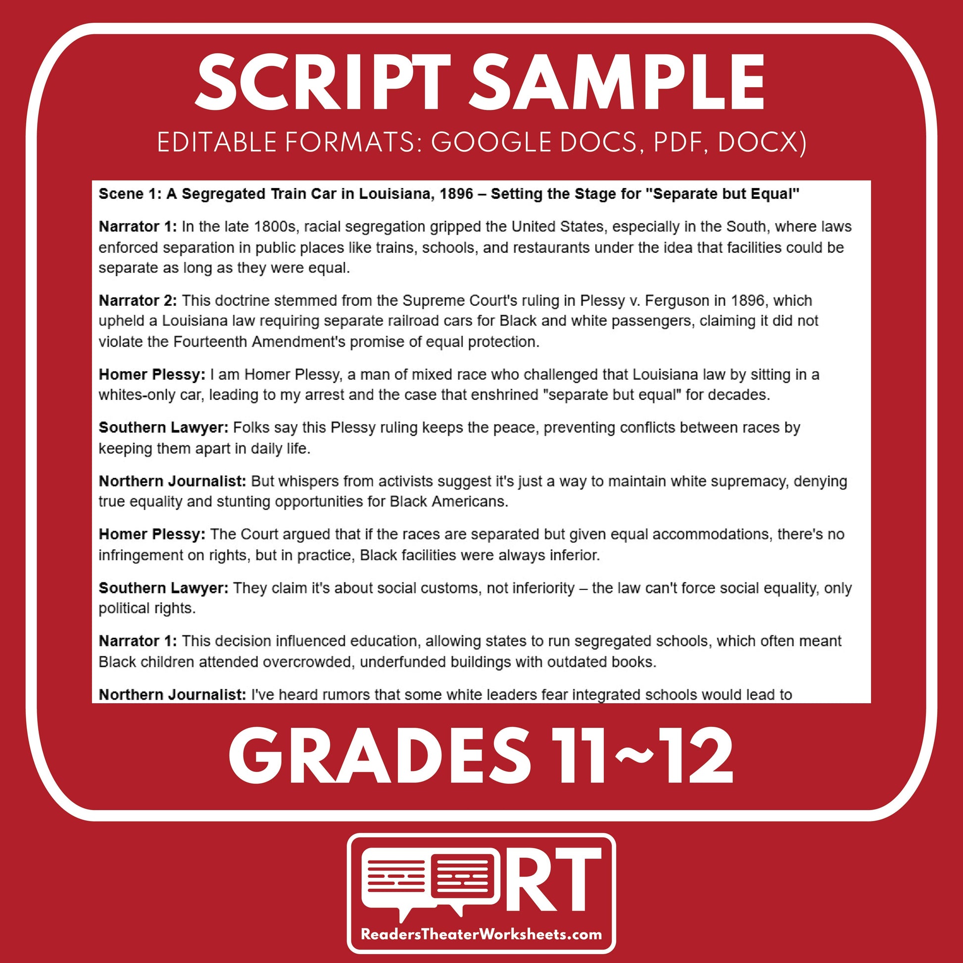 Brown v. Board of Education (1954) Readers Theater Script (Grades 11-12) - ["Grades 9-12","U.S. History - Cold War & Civil Rights"]