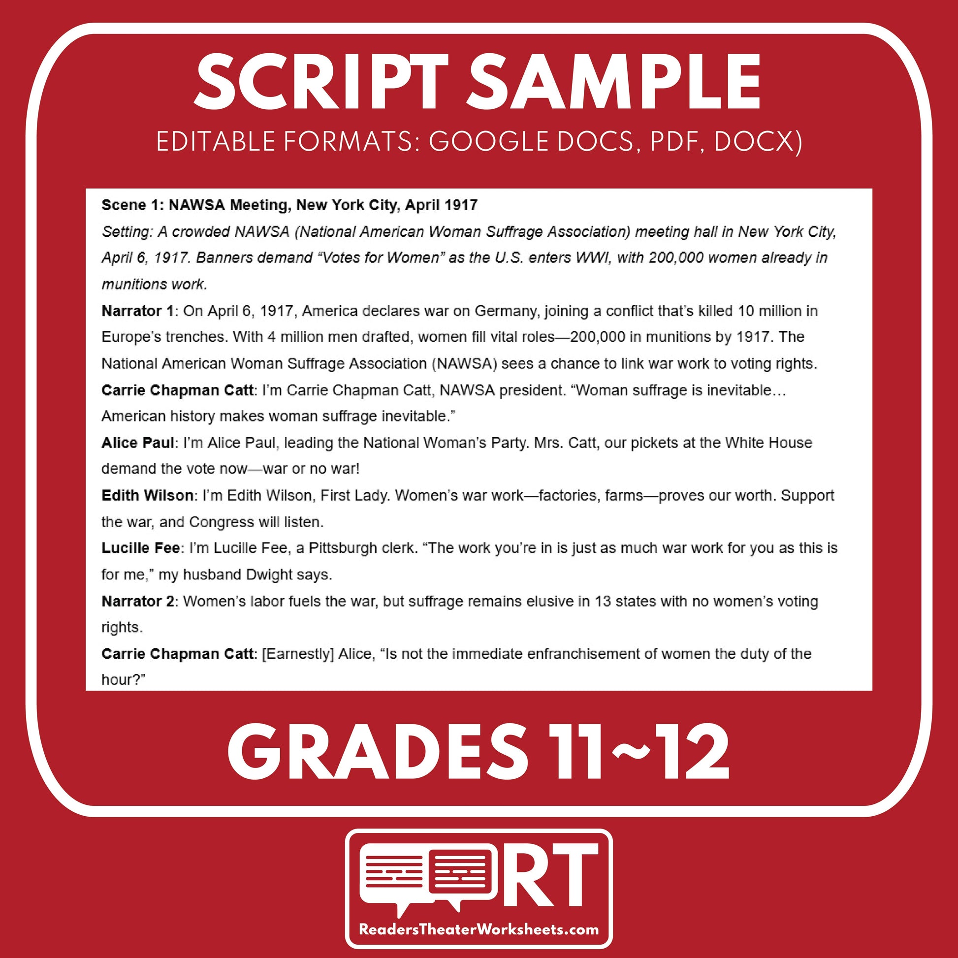 Women’s War Work & Suffrage Drive – Readers Theater Script (Grades 11-12) - ["Grades 9-12","U.S. History - WWI"]