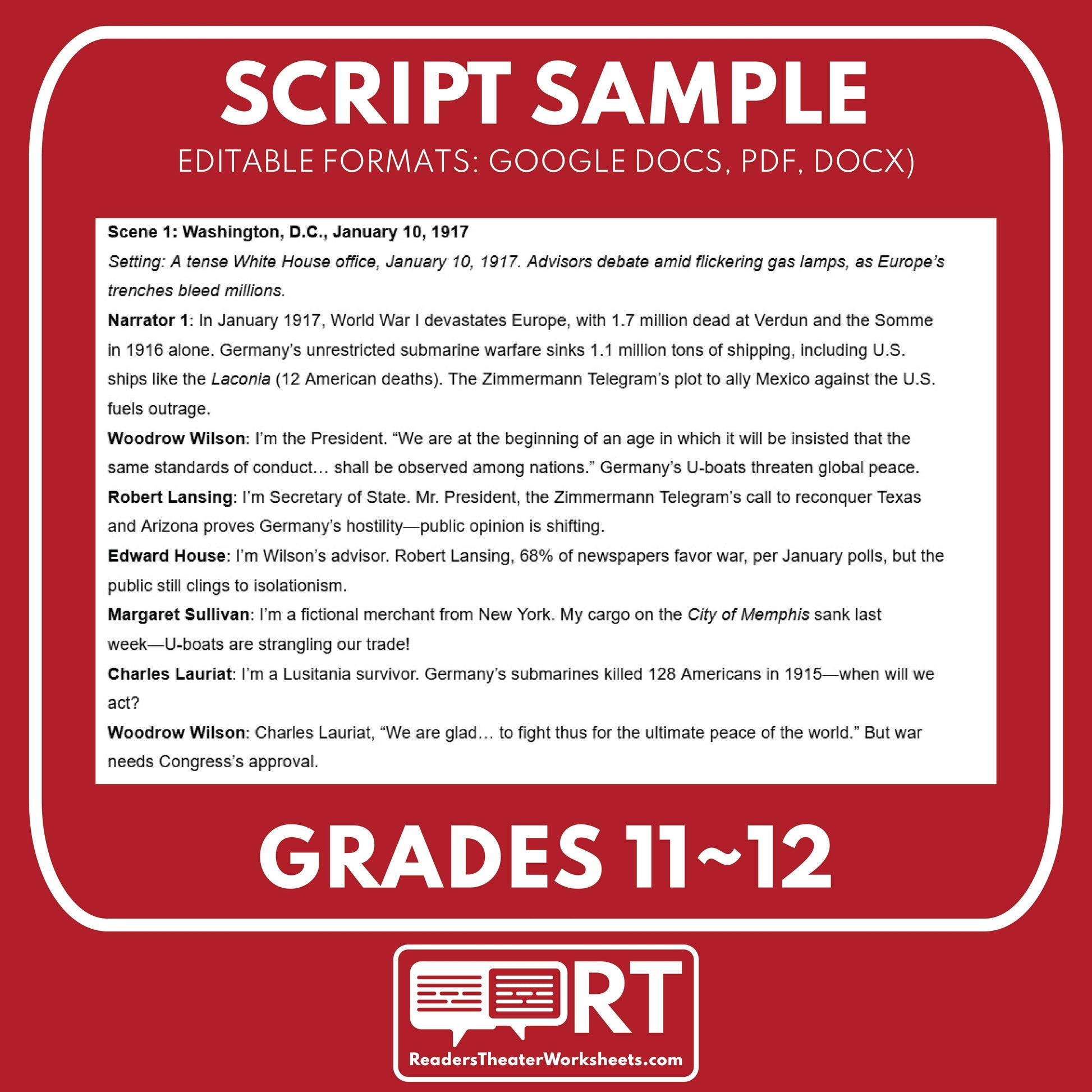 1917 War Declaration & Mobilization – Readers Theater Script (Grades 11-12) - ["Grades 9-12","U.S. History - WWI"]