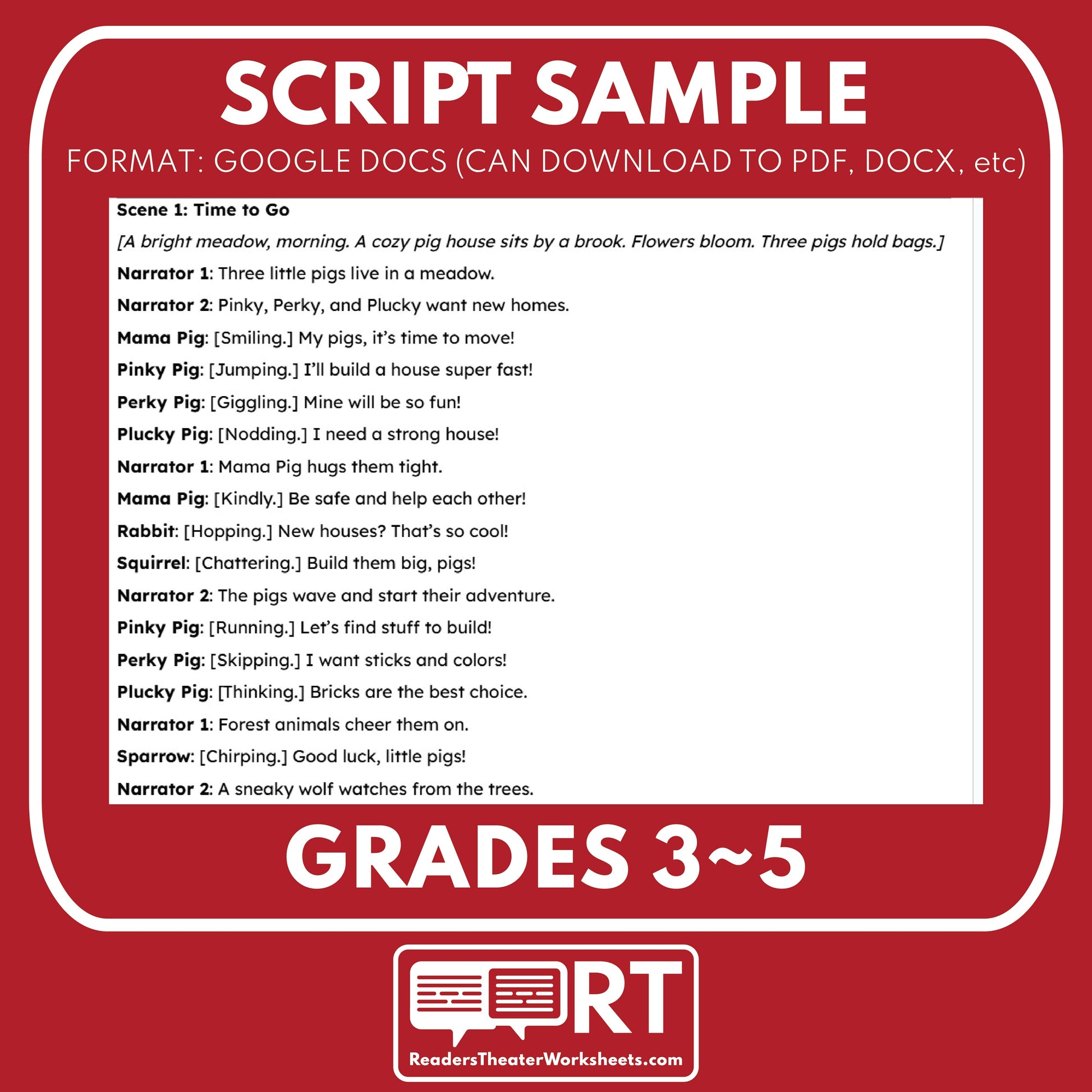 The 3 Little Pigs Readers Theater Script for Grades 3 to 5 - ["Fairy Tale","Grades 3-5"]