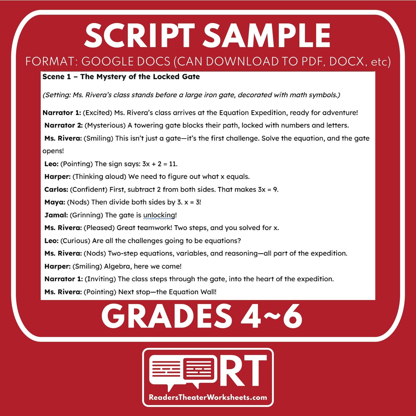 Equation Expedition Math Readers Theater Script for Grades 4 to 6 | Variables - ["Grades 3-5","Grades 6-8","Math"]