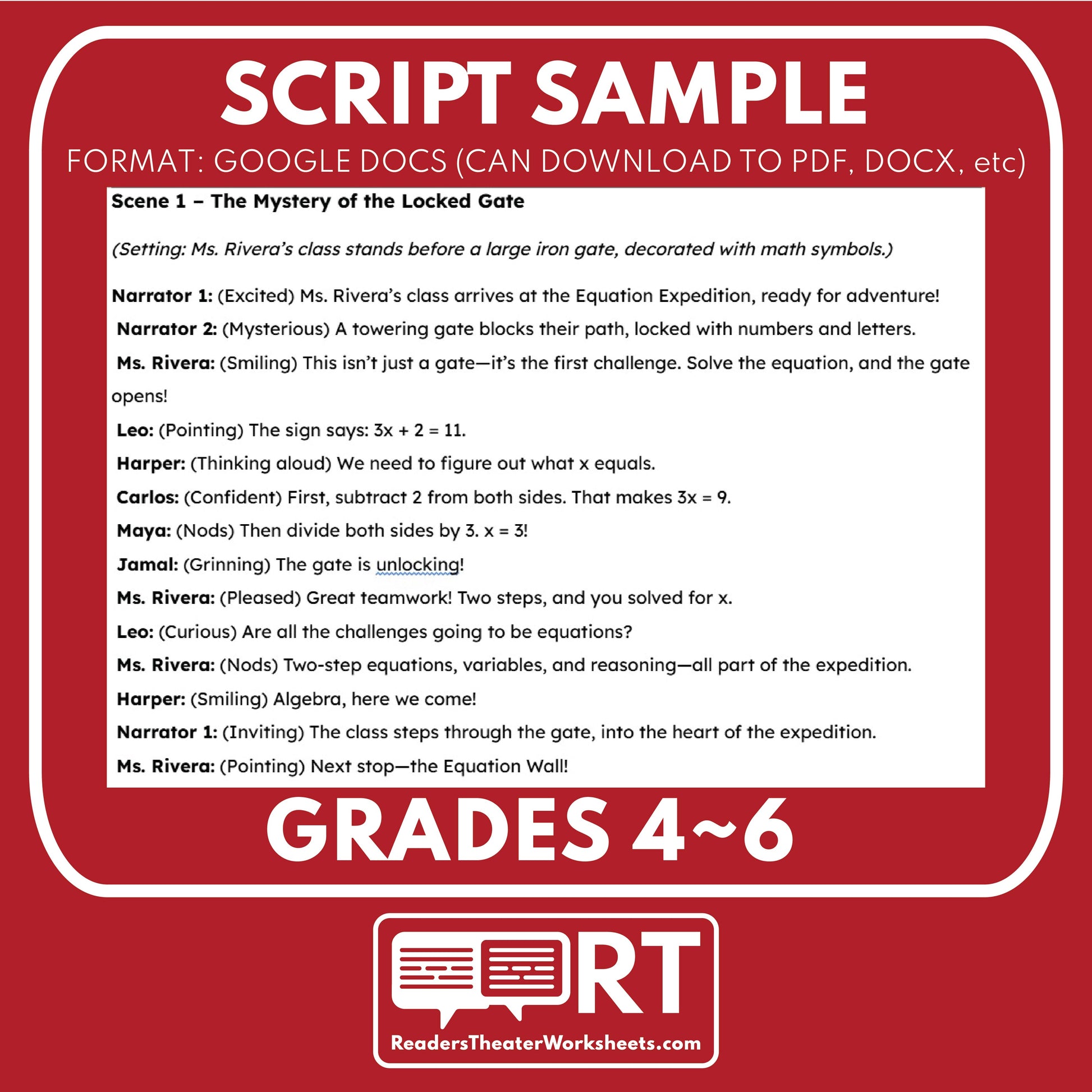 Equation Expedition Math Readers Theater Script for Grades 4 to 6 | Variables - ["Grades 3-5","Grades 6-8","Math"]