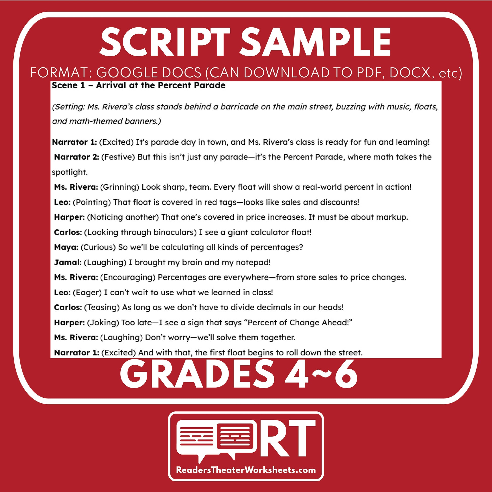 Percent Parade Math Readers Theater Script for Grades 4 to 6 | Discounts & Markups - ["Grades 3-5","Grades 6-8","Math"]