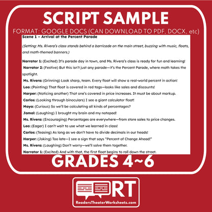 Percent Parade Math Readers Theater Script for Grades 4 to 6 | Discounts & Markups - ["Grades 3-5","Grades 6-8","Math"]